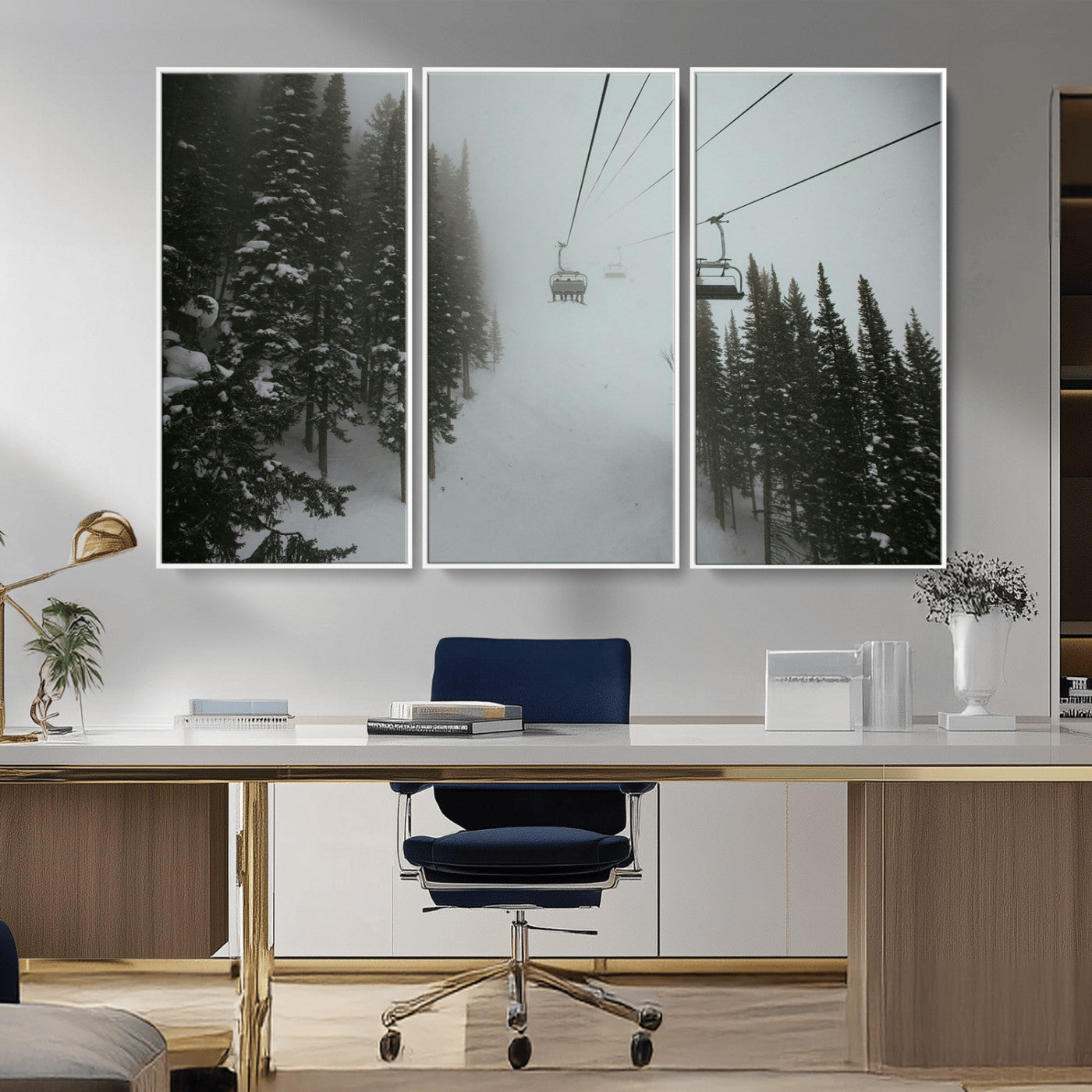 87018452-MGV-CV-36X24-Ski Lift Wall Art Canvas Print – Snowy Pines Misty Landscape Winter Serenity Artwork for Home, Office Decor