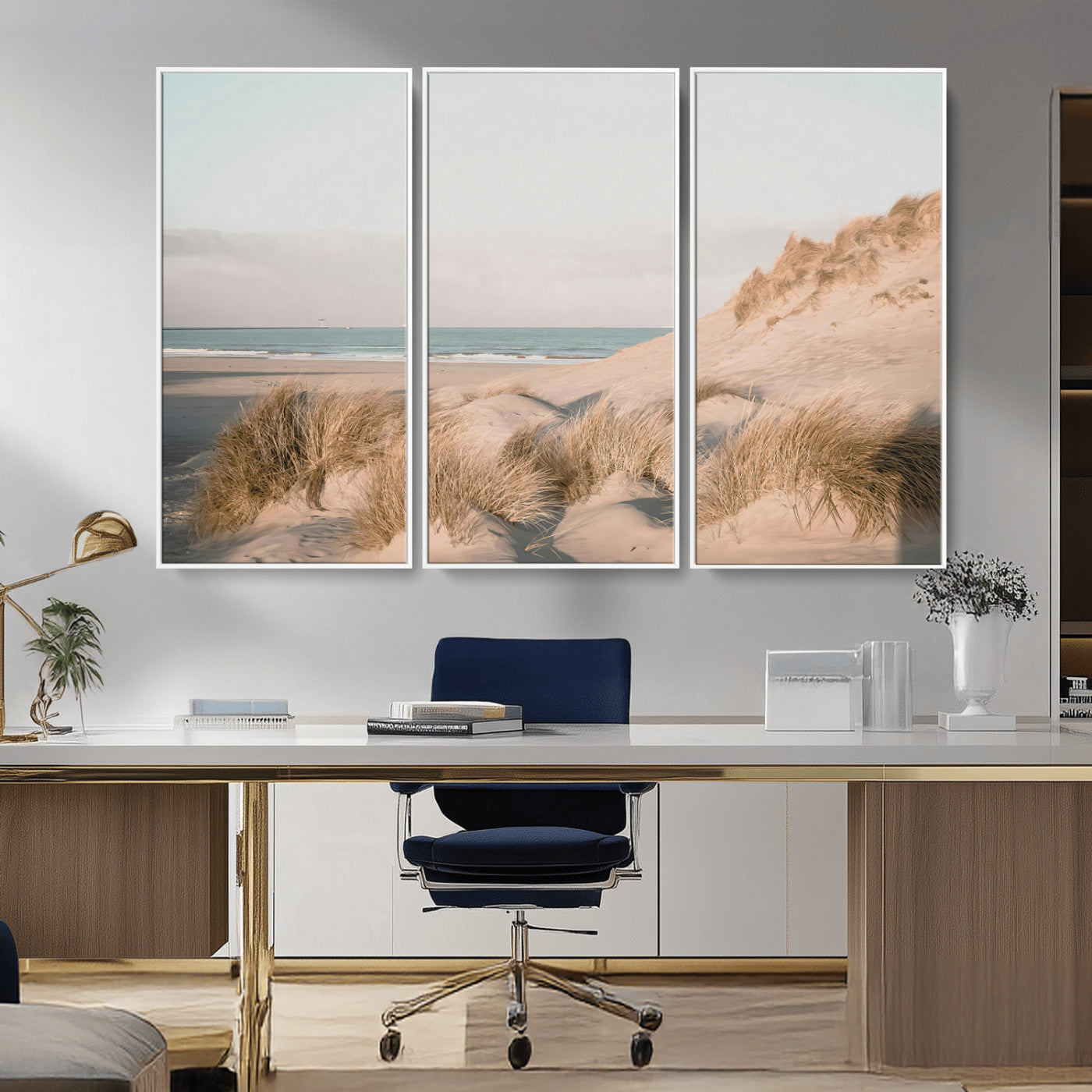 11554211-MGV-FC-48X32-3P_White-Beach Landscape Wall Art Canvas Print – Framed Sand Dune Photography Minimalist Seascape Artwork for Home Office