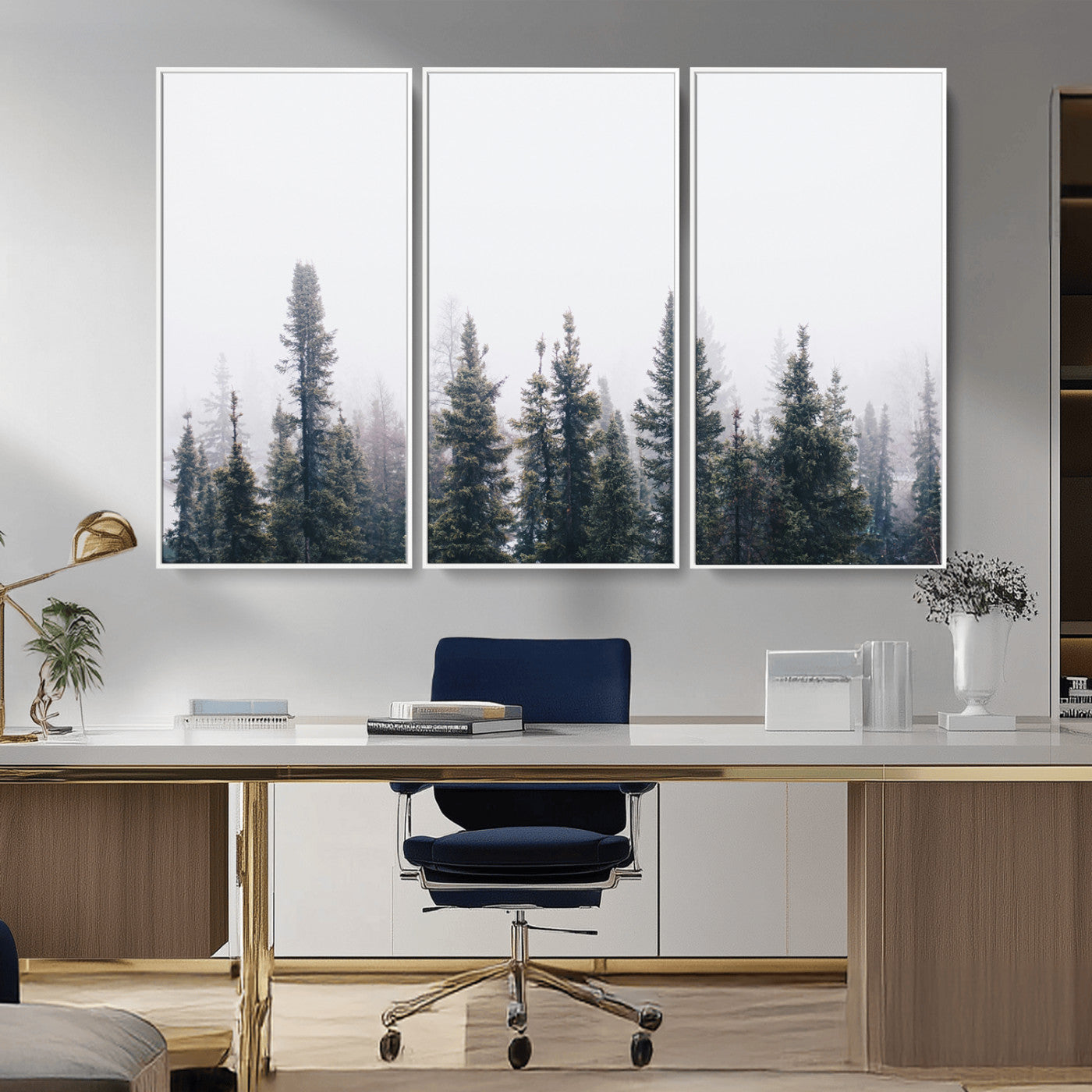 42364796-MGV-FC-48X32-3P_White-Foggy Forest Wall Art Canvas Print – Framed Misty Pines Moody Woodland Nature Scene Artwork for Home Office