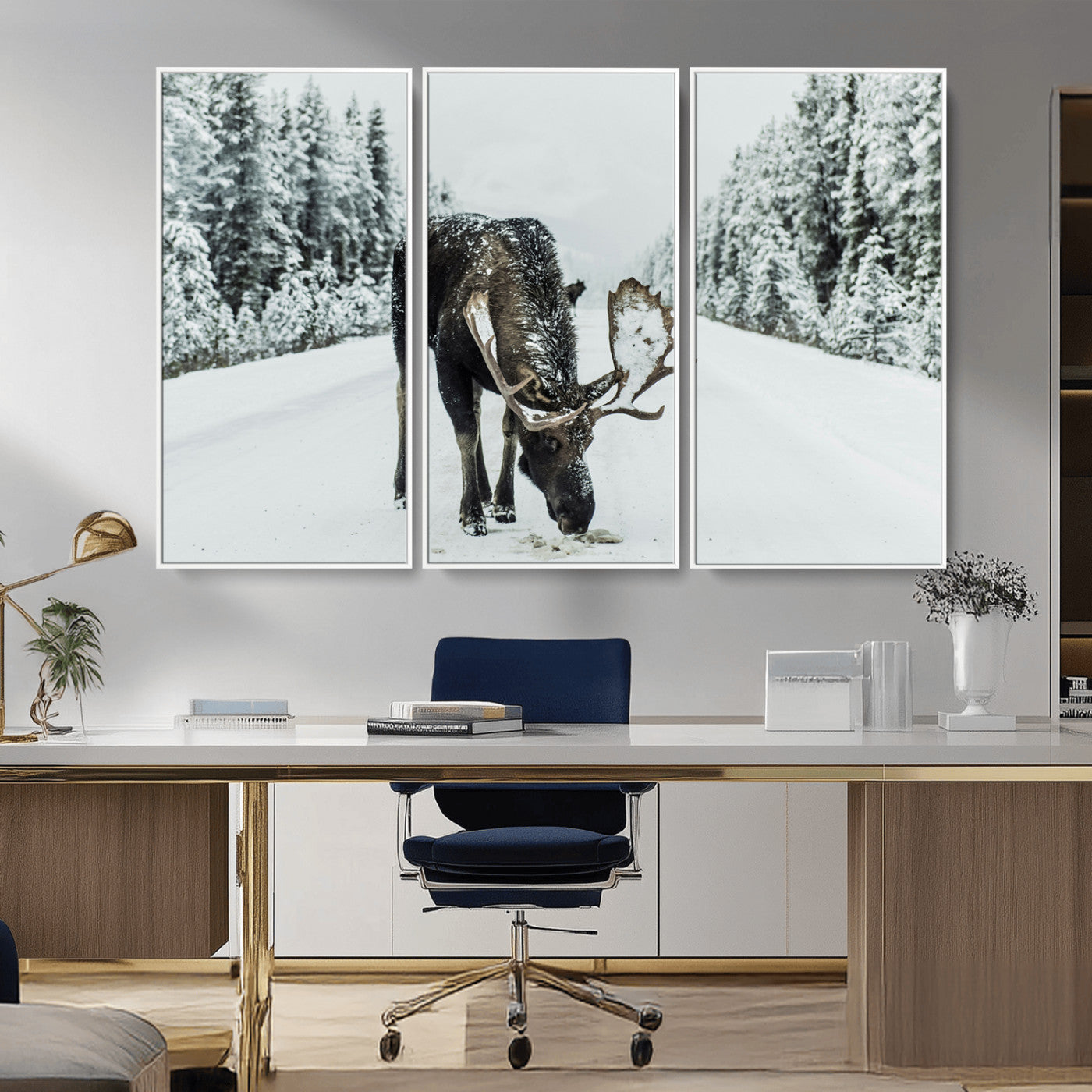 -Moose Snow Wall Art Canvas Print – Framed Winter Wildlife Snowy Forest Nature Scene Artwork for Home, Office, Living Room