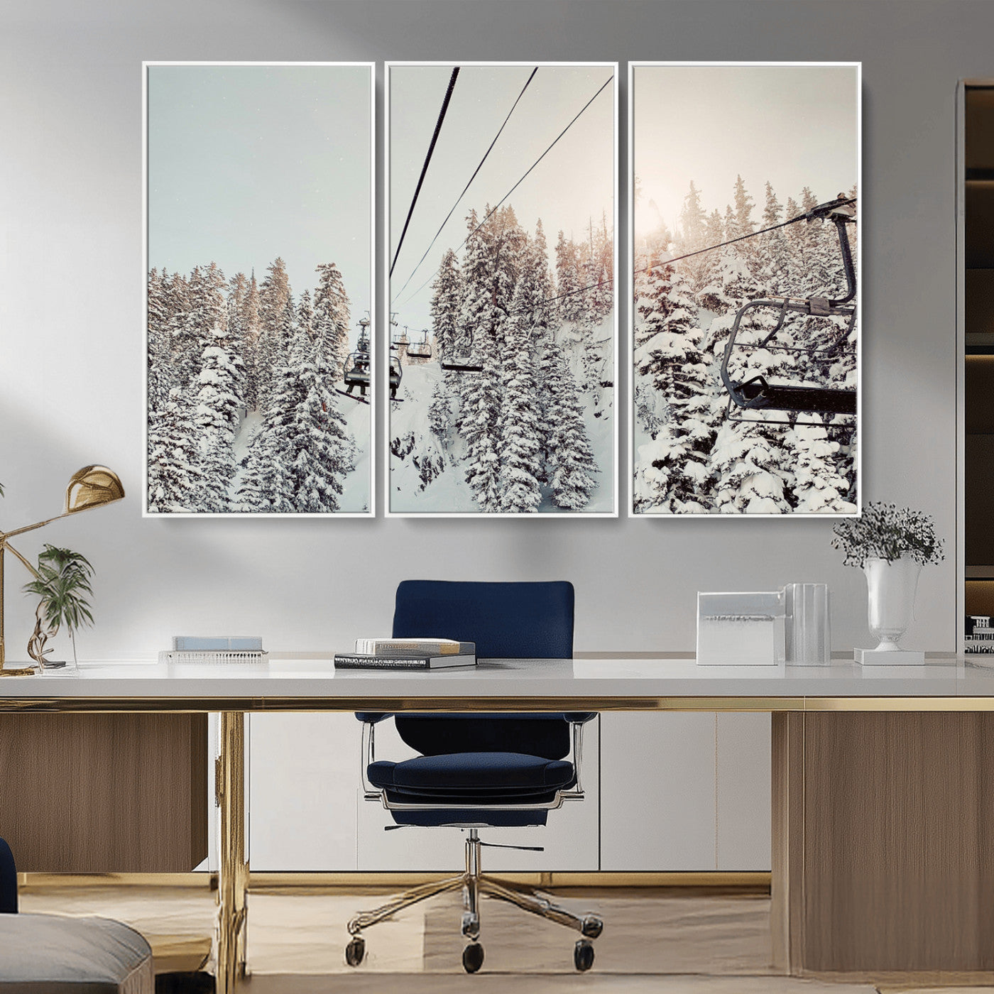 91534512-MGV-CV-36X24-Frosty Pines Wall Art Canvas Print – Framed Cozy Cabin Ski Lift Ride Winter Scene Artwork for Home Office