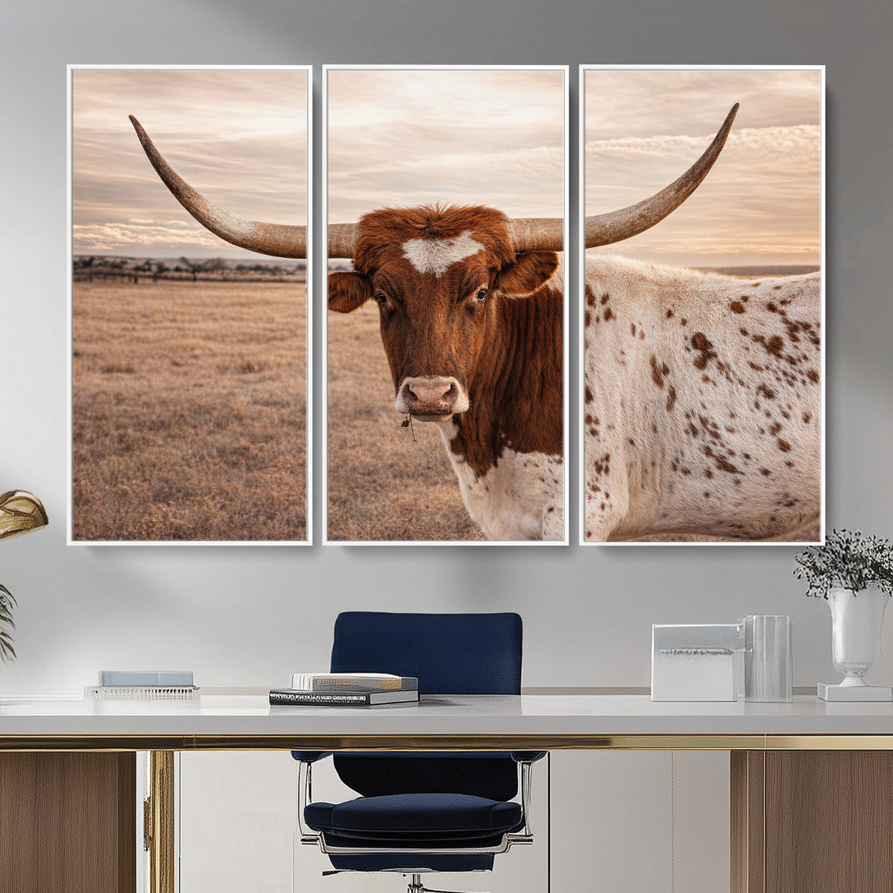 95745718-MGV-CV-36X24 - Longhorn Cow Wall Art – Texas Bull Canvas Print, Rustic Farm Cattle Photography, Western Animal Decor for Country Home, Living Room or Game Room
