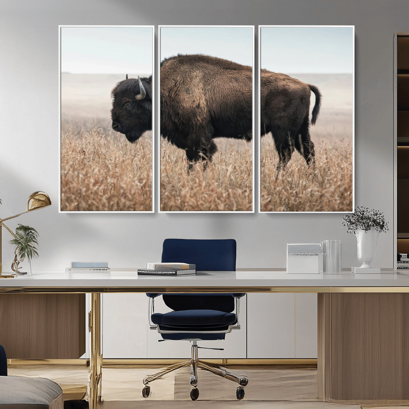 -American Bison Field Wall Art Canvas Print – Majestic Buffalo Grazing Wide Open Plains Wildlife Artwork for Home, Office