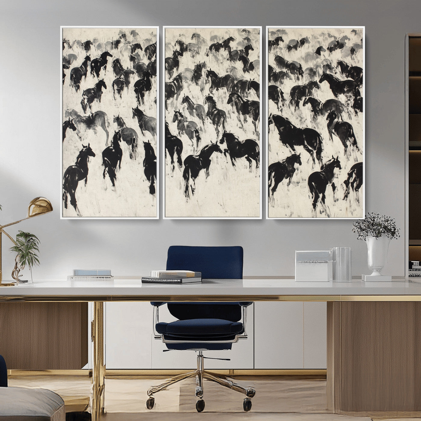 -Wild Horse Stampede Wall Art Canvas Print – Monochrome Running Horses Dynamic Motion Elegant Scene Artwork for Home, Office