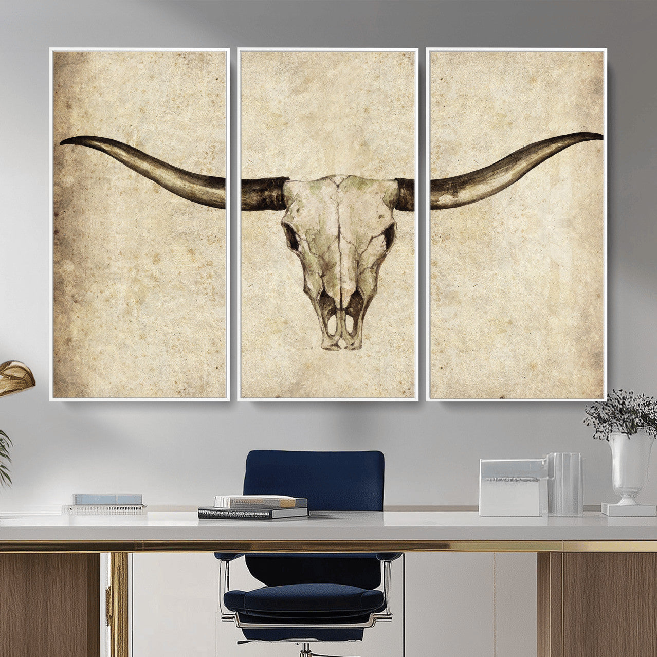 42788678-MGV-CV-36X24 - Longhorn Skull Wall Art Canvas Print – Rustic Western Artwork Print for Living Room Wall Decor