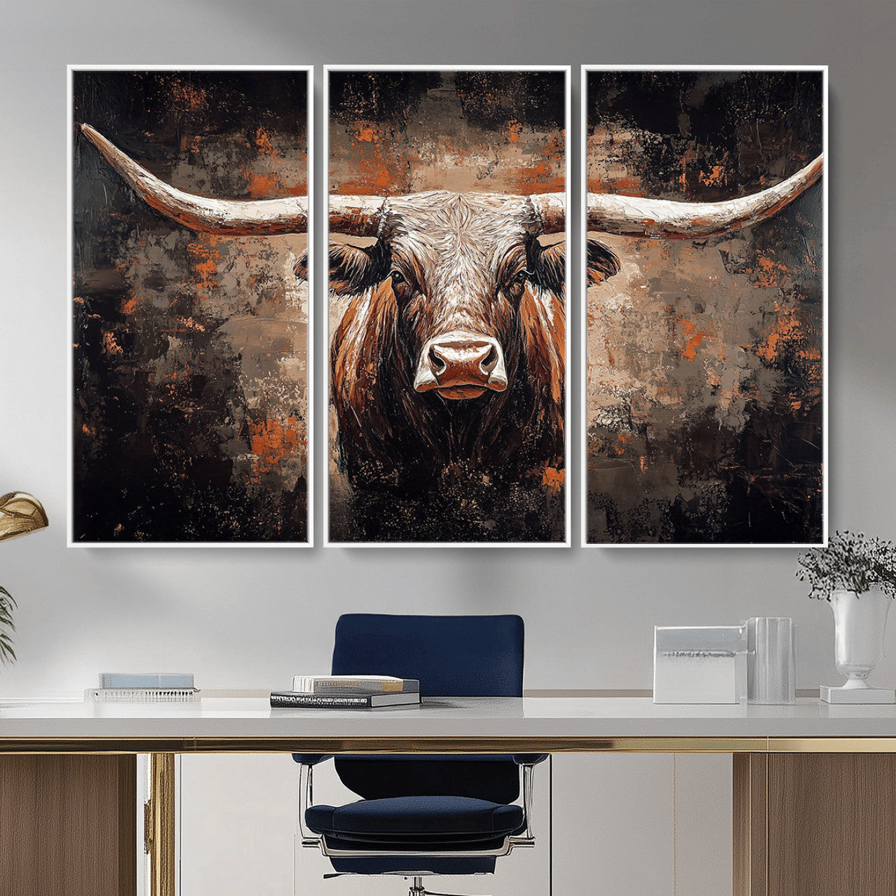 24779067-MGV-CV-36X24 - Rustic Longhorn Bull Wall Art Canvas Print – Vintage Western Cattle Painting, Texas Steer Artwork