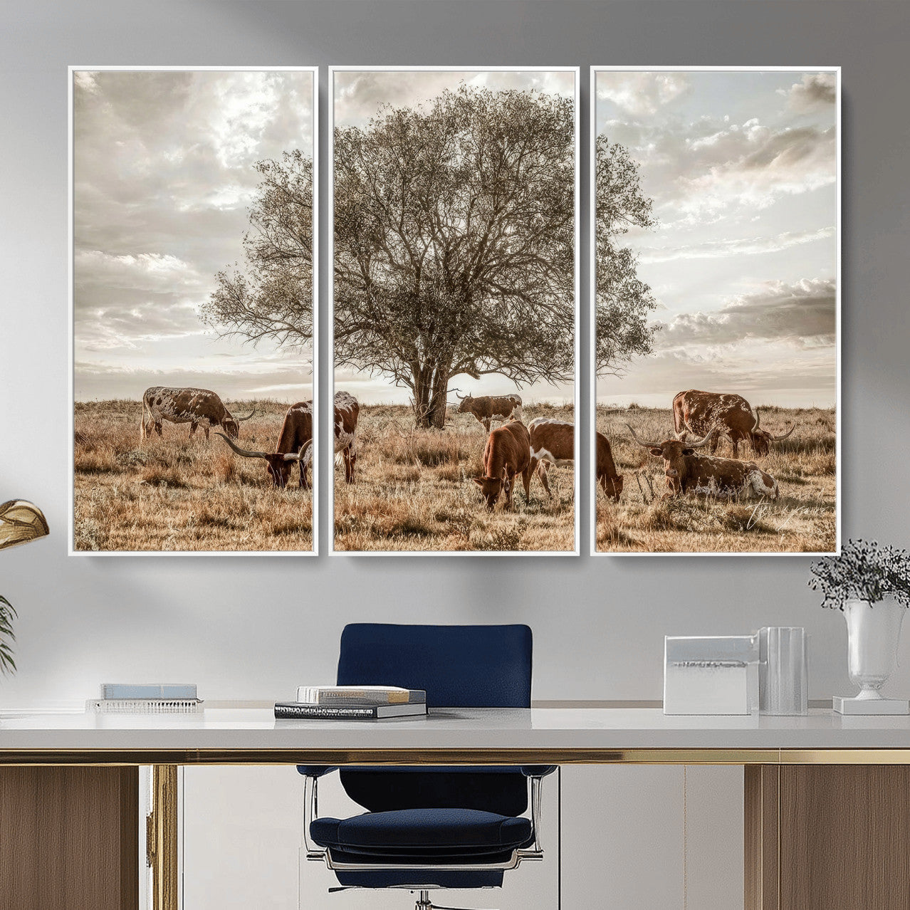 87590224-MGV-CV-36X24 - Texas Longhorn Cattle Wall Art Canvas Print – Rustic Western Ranch Scene with Steers at Sunset, Perfect for Farmhouse or Cowboy Decor