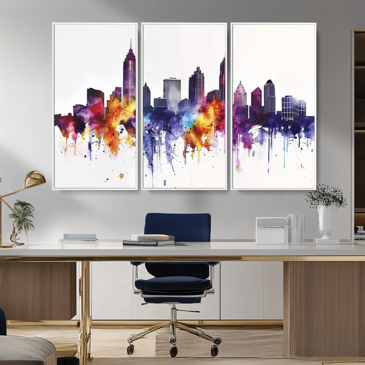 34479880-MGV-CV-36X24-Atlanta Skyline Wall Art Canvas Print – Framed Colorful Watercolor Cityscape Artwork for Home, Office, Living Room