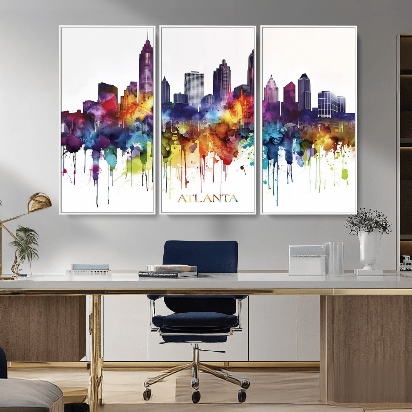 36048320-MGV-FC-48X32-3P_White-Atlanta Skyline Wall Art Canvas Print – Framed Colorful Watercolor Cityscape Abstract Urban Artwork for Home, Office