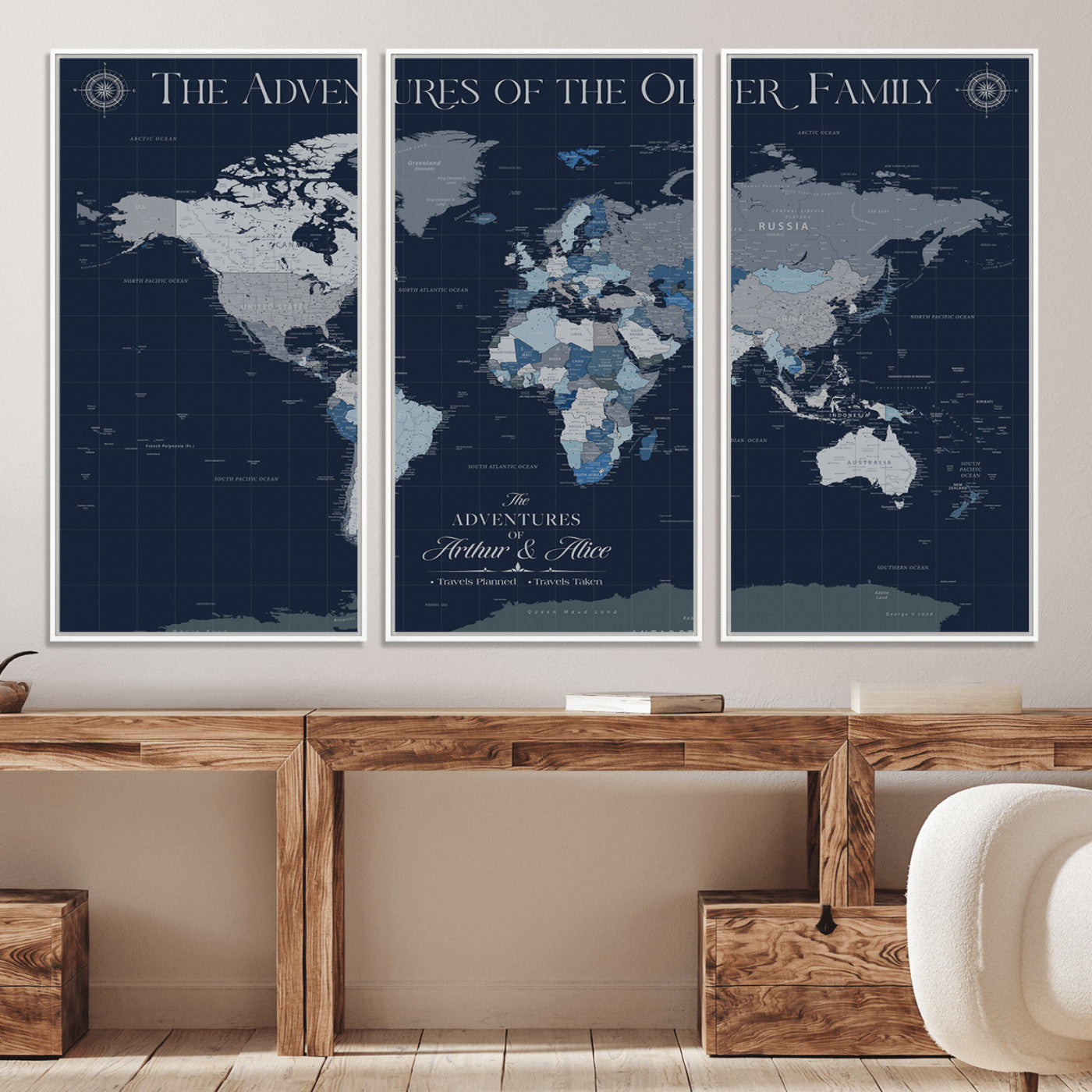 -Personalized Family Adventure World Map – Custom Framed Push Pin Travel Tracker Canvas, Elegant Wall Art for Home, Office