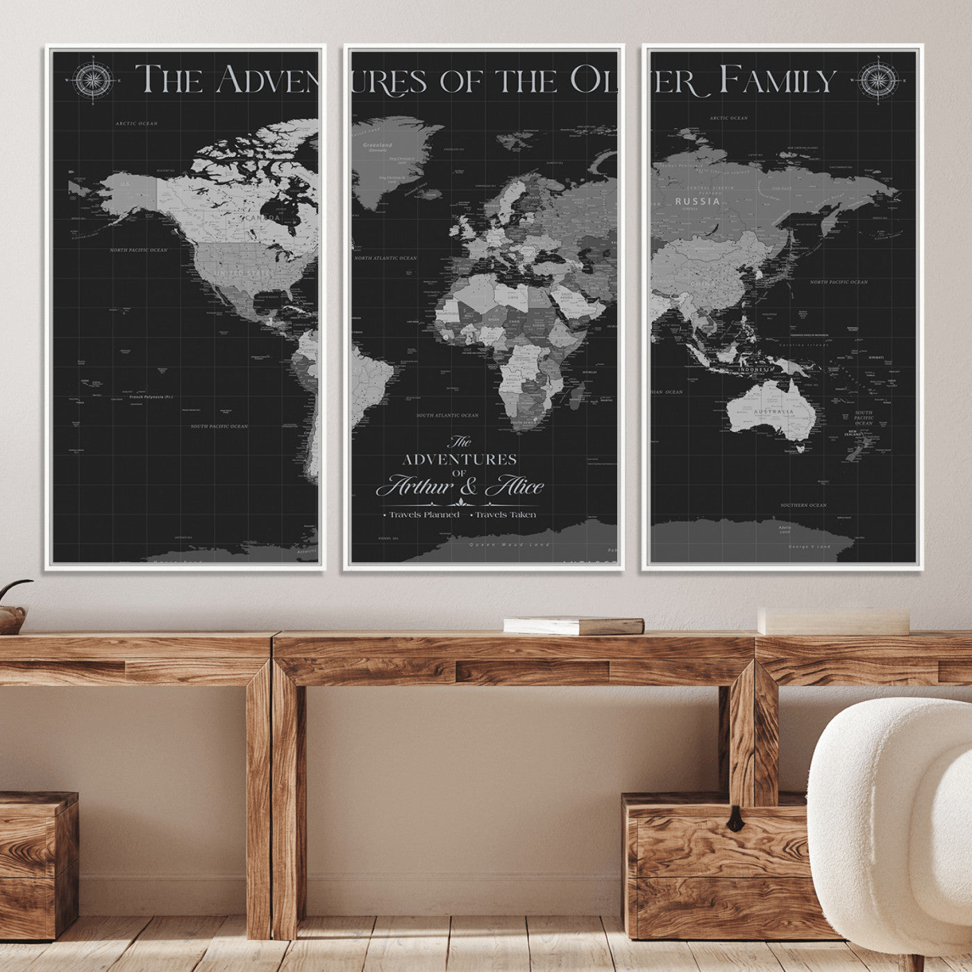 -Personalized Family World Map Canvas – Custom Framed Push Pin Travel Tracker, Modern Adventure Wall Art for Home, Office