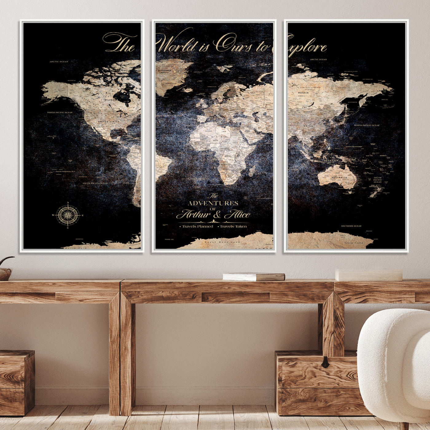 -Personalized Push Pin World Map Canvas Print Framed Custom Travel Tracker with 100 Pins Artwork for Home, Office