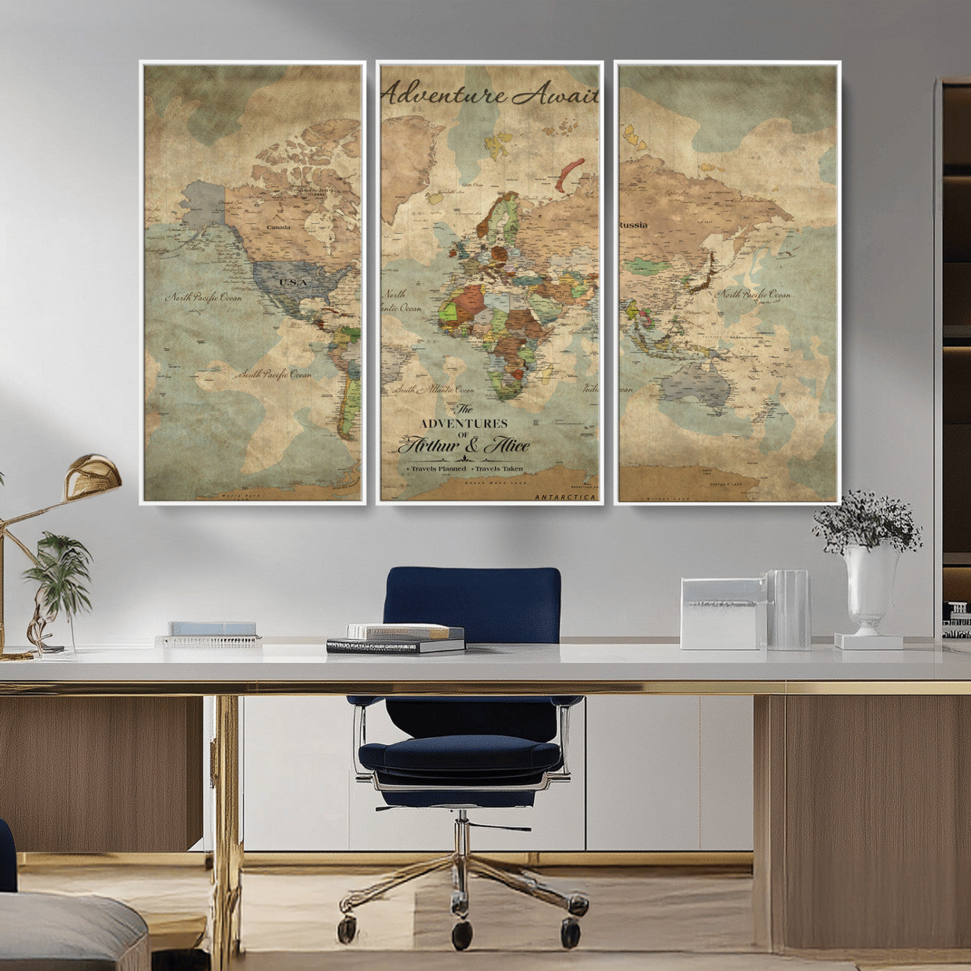 Rehber01-MGV-CV-36X24-Personalized Vintage World Map Canvas Print – Custom Push Pin Travel Map Antique Style Gift for Couples Travelers for Home Office