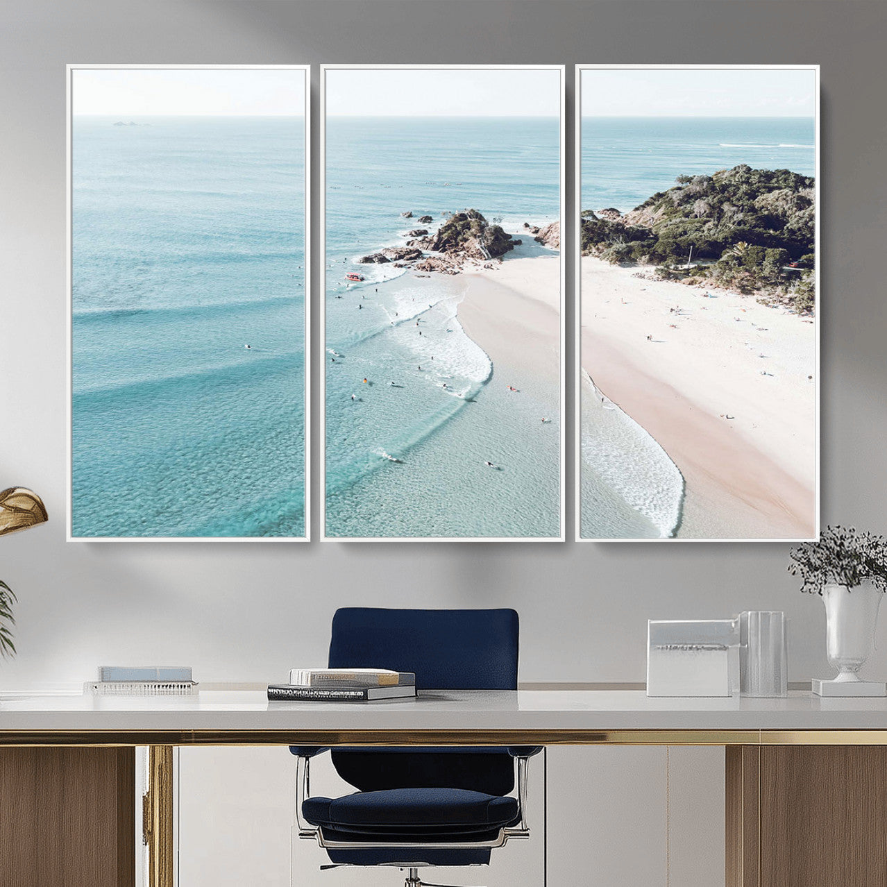 79395467-MGV-CV-36X24 - Aerial Beach Wall Art Canvas Print, Coastal Ocean Waves and Surfers Scenic Seaside Artwork for Home, Office Decor