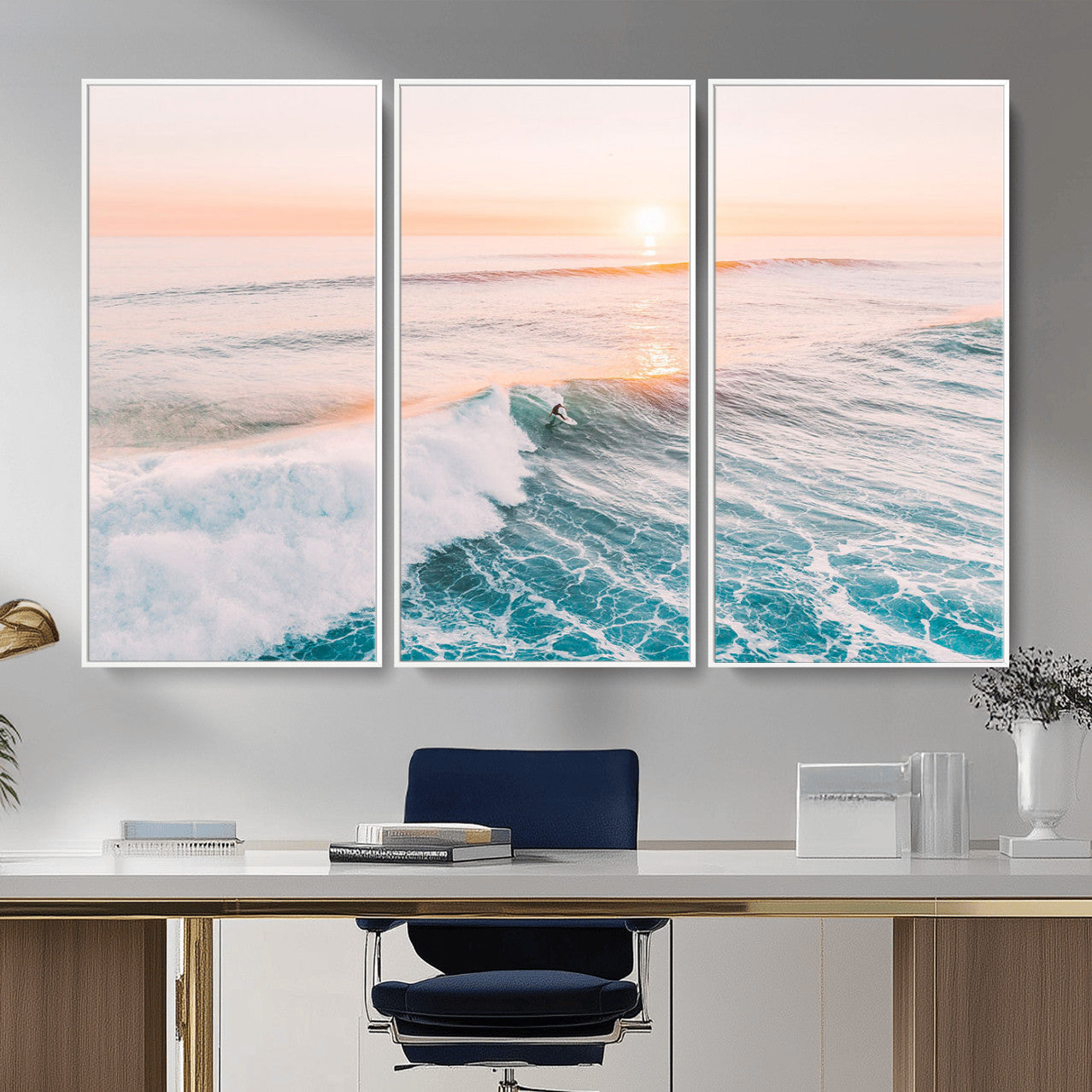 34064591-MGV-CV-36X24 - Sunset Surfing Wall Art Canvas Print, Ocean Wave Surfer with Golden Sky Artwork for Home, Office, Living Room