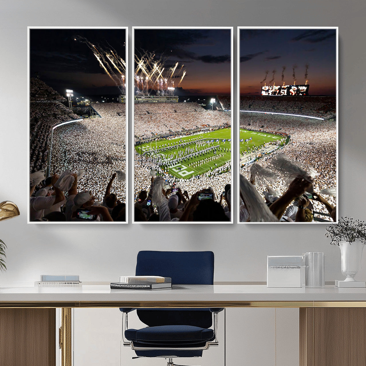 11221988-MGV-FC-48X32-3P - Epic Night Football Stadium Wall Art Canvas Print, Fireworks and Crowd Energy Game Day Excitement Decor for Home, Office