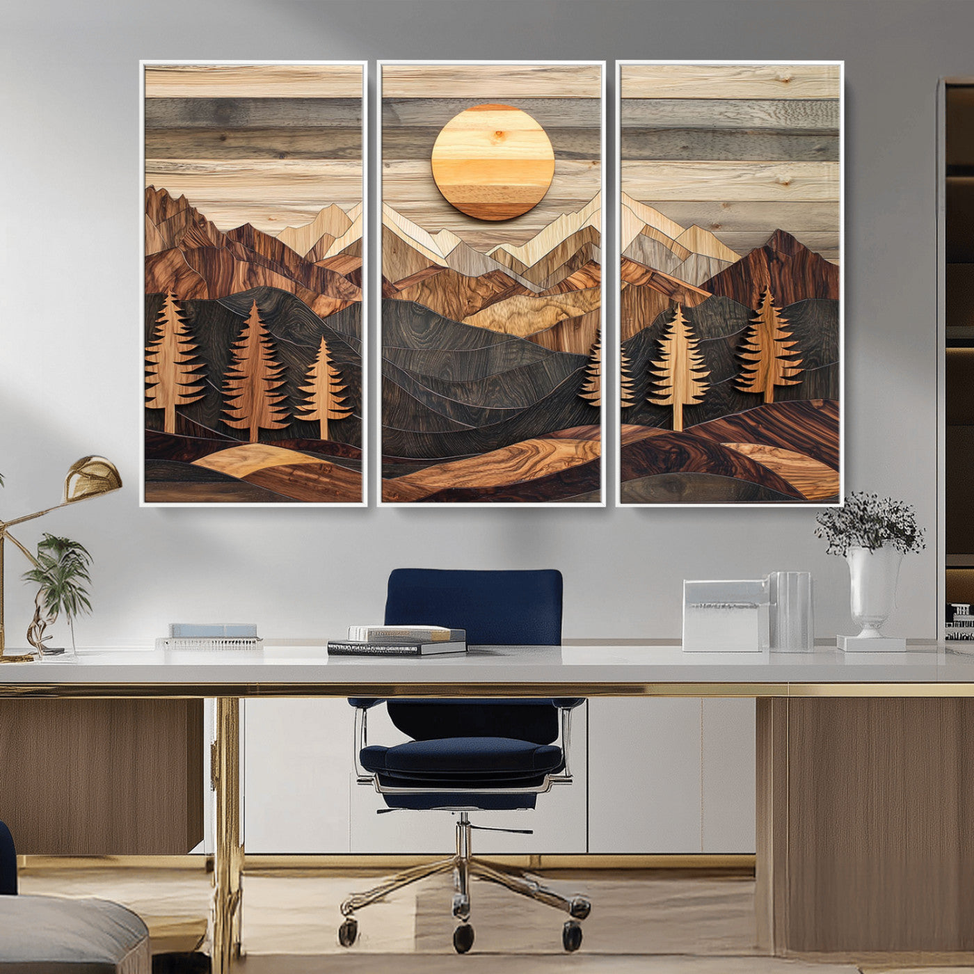 MGV-FC-48X32-3P - Wooden Mountain Layers Canvas Wall Art – Rustic Pine Tree Landscape with Sunlight Artistic Nature