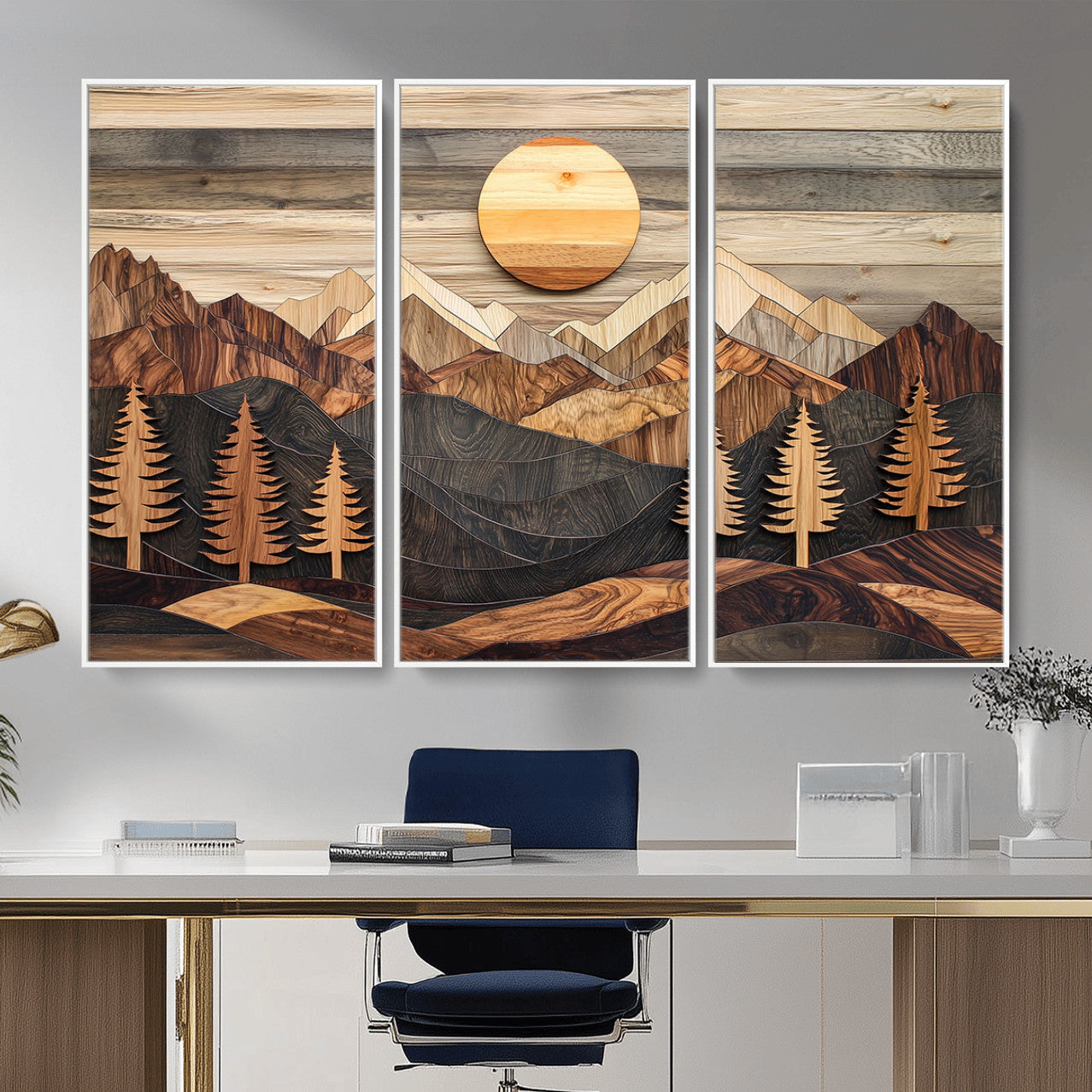 19832326-MGV-FC-48X32-3P - Wooden Mountain Landscape Layered Texture Geometric Shapes Sun Pine Trees Rustic Natural Tones Art
