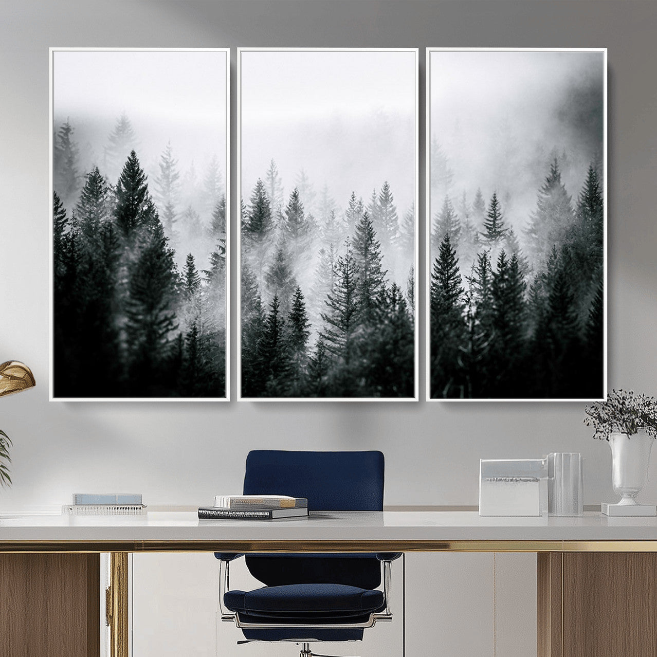 MGV-FC-48X32-3P - Foggy Pine Forest Canvas Wall Art – Black and White Nature Landscape Print, Horizontal Canvas for