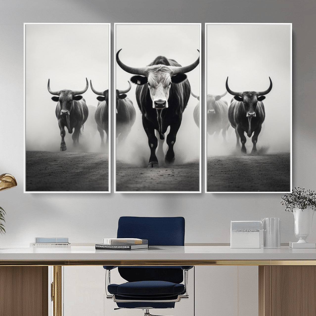 N34534C-MGV-FC-48X32-3P - Texas Bighorn Cow Hern Wall Art Canvas Print, Longhorn Cow Large Wall Art