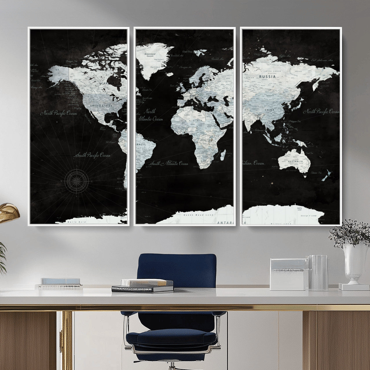 30759283-MGV-FC-48X32-3P - World Map Wall Art Canvas Print, Modern Decorative Framed Map Artwork Prints for Living Room, Office, Bedroom Wall Decor