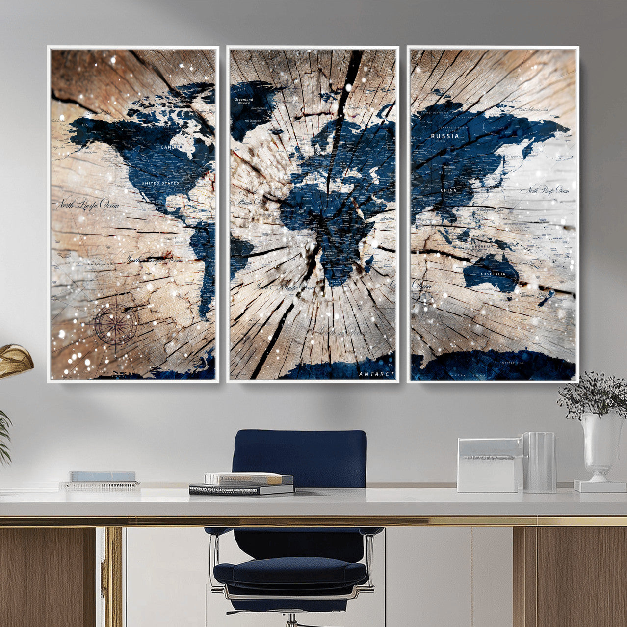 99001695-MGV-FC-48X32-3P - World Map Wall Art Canvas Print, Modern Decorative Framed Map Artwork Prints for Living Room, Office, Bedroom Wall Decor