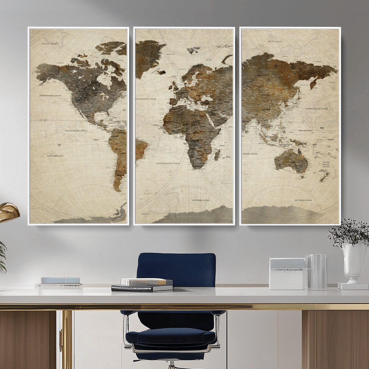 91849163-MGV-FC-48X32-3P - World Map Wall Art Canvas Print, Modern Decorative Framed Map Artwork Prints for Living Room, Office, Bedroom Wall Decor