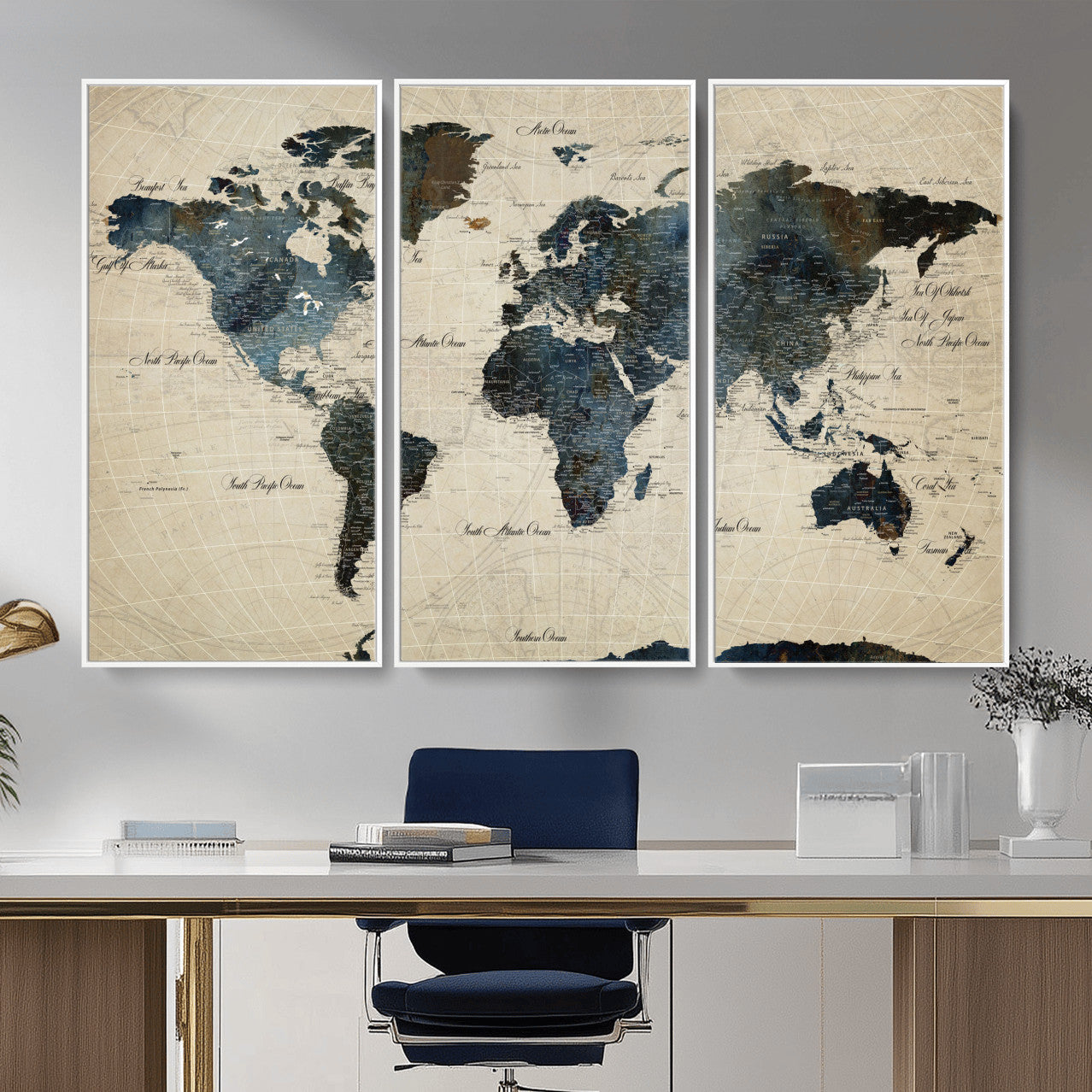 33438443-MGV-FC-48X32-3P - World Map Wall Art Canvas Print, Modern Decorative Framed Map Artwork Prints for Living Room, Office, Bedroom Wall Decor