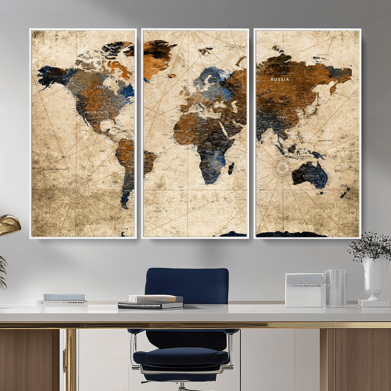 56297284-MGV-FC-48X32-3P - World Map Wall Art Canvas Print, Modern Decorative Framed Map Artwork Prints for Living Room, Office, Bedroom Wall Decor