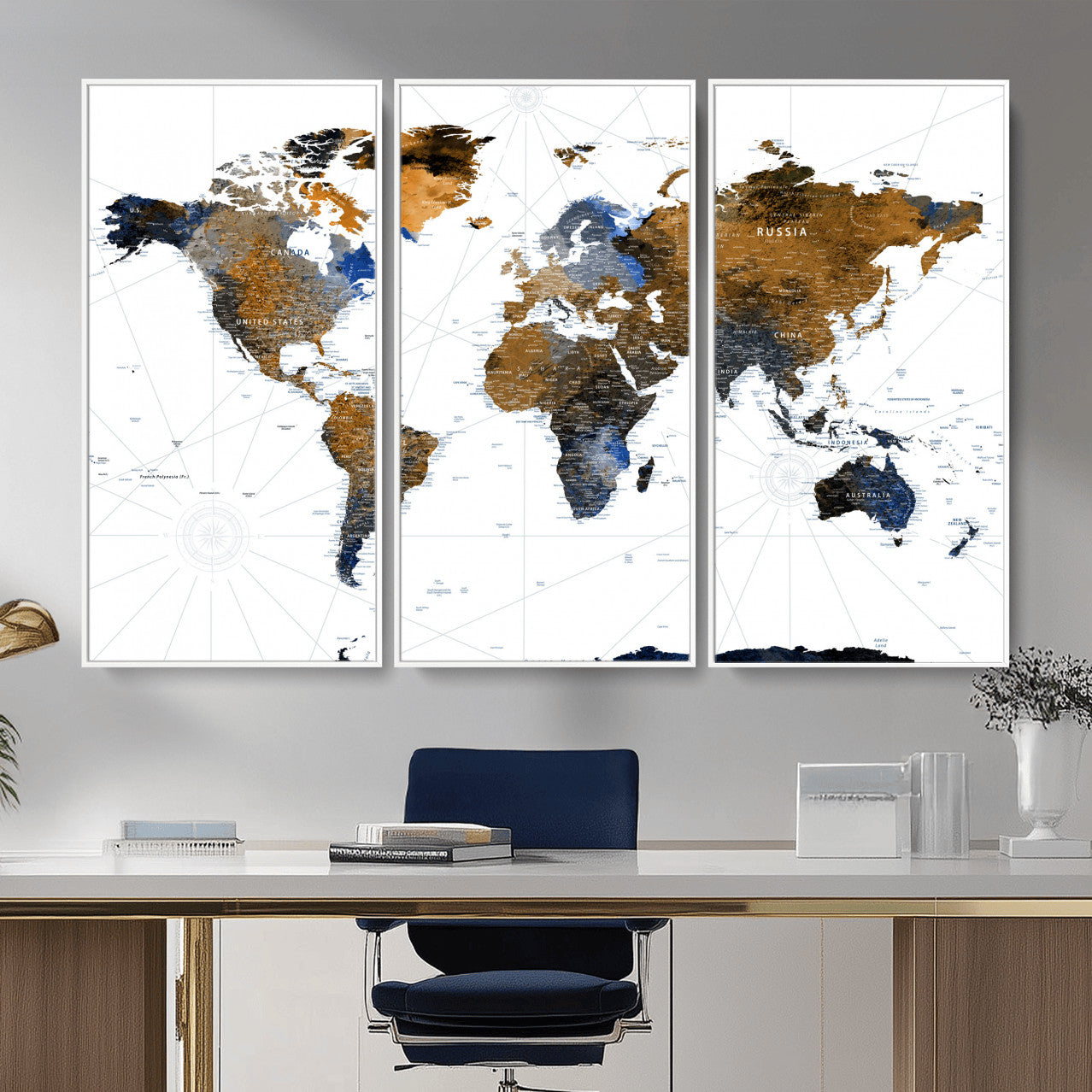 40862517-MGV-FC-48X32-3P - World Map Wall Art Canvas Print, Modern Decorative Framed Map Artwork Prints for Living Room, Office, Bedroom Wall Decor