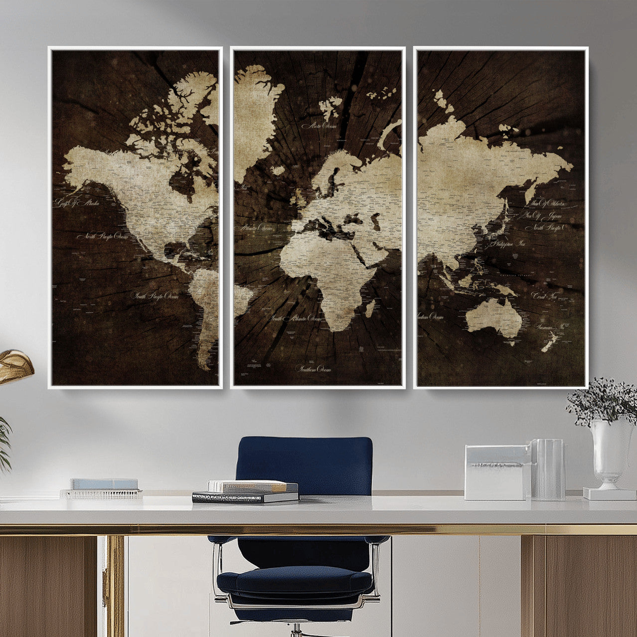 24010397-MGV-FC-48X32-3P - World Map Wall Art Canvas Print, Modern Decorative Framed Map Artwork Prints for Living Room, Office, Bedroom Wall Decor