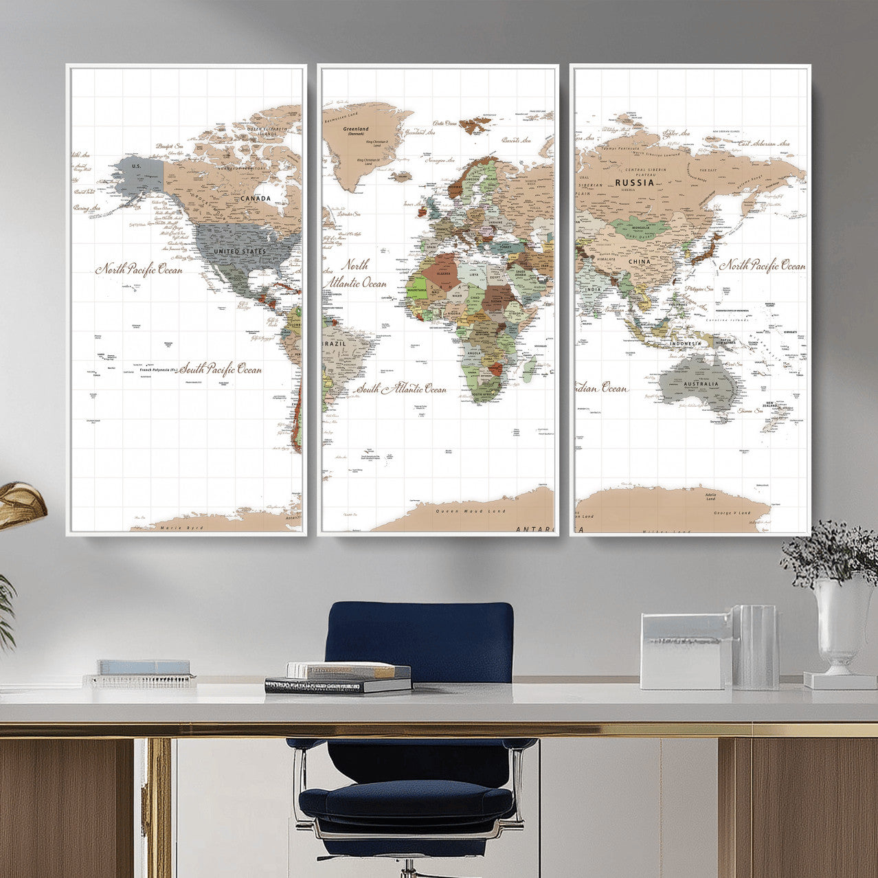 91286788-MGV-CV-36X24 - World Map Wall Art Canvas Print, Modern Decorative Framed Map Artwork Prints for Living Room, Office, Bedroom Wall Decor