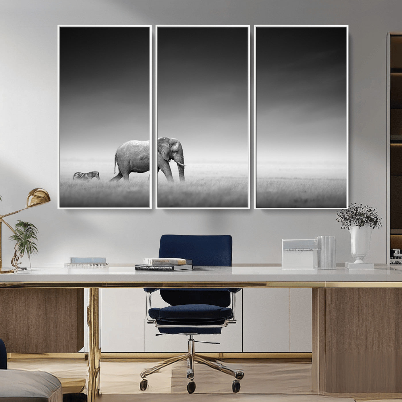 87639-MGV-FC-48X32-3P_White-Elephand and Zebra Wall Art Canvas Print, Modern Artwork