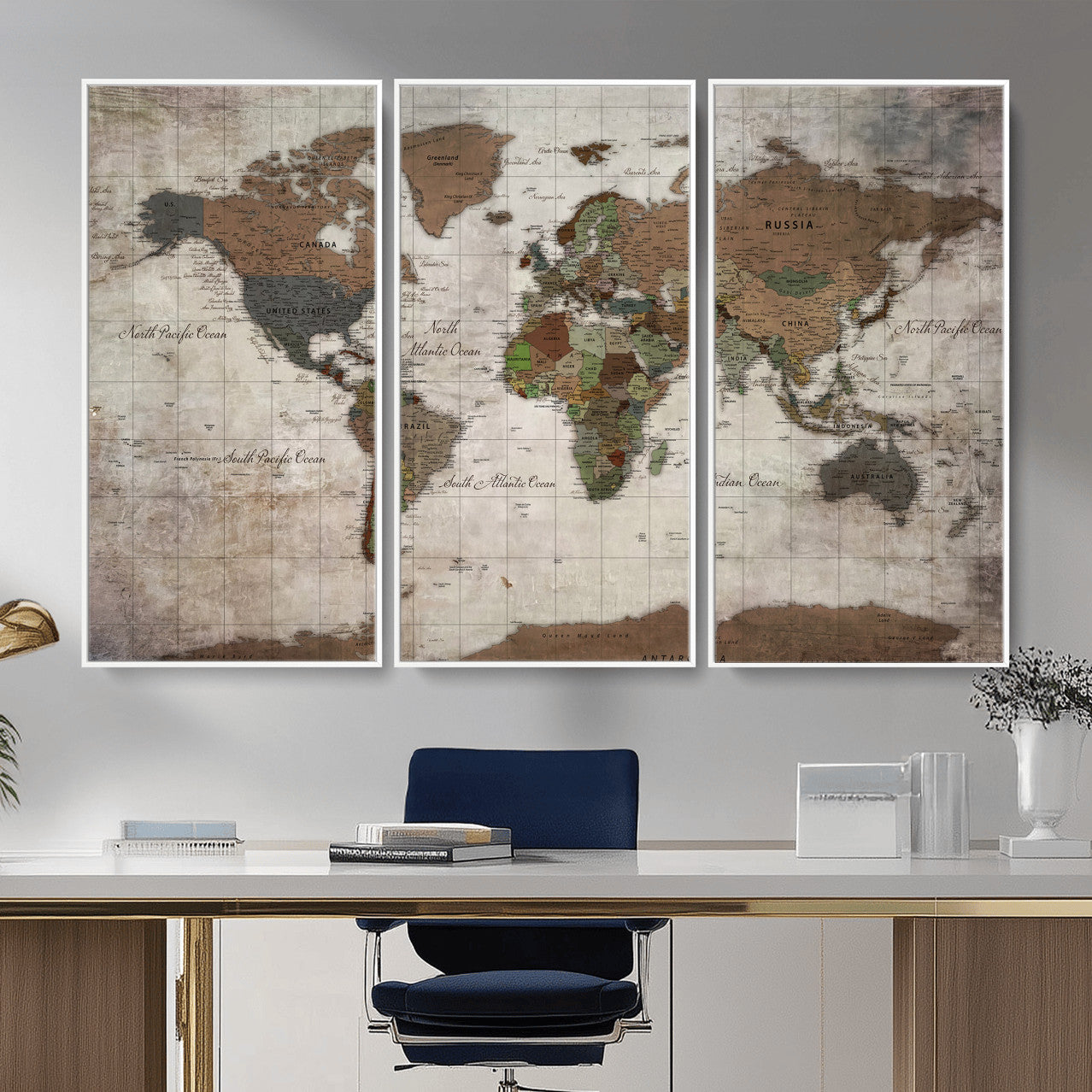 65393892-MGV-CV-36X24 - World Map Wall Art Canvas Print, Modern Decorative Framed Map Artwork Prints for Living Room, Office, Bedroom Wall Decor