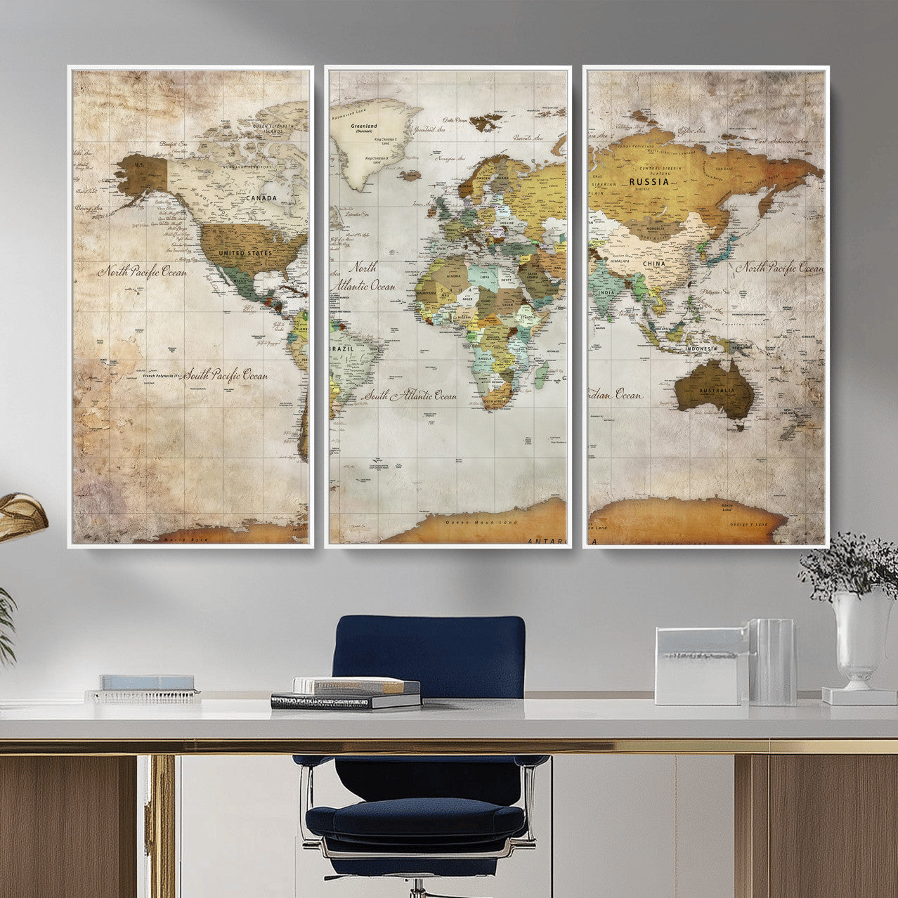 86108417-MGV-CV-36X24 - World Map Wall Art Canvas Print, Modern Decorative Framed Map Artwork Prints for Living Room, Office, Bedroom Wall Decor