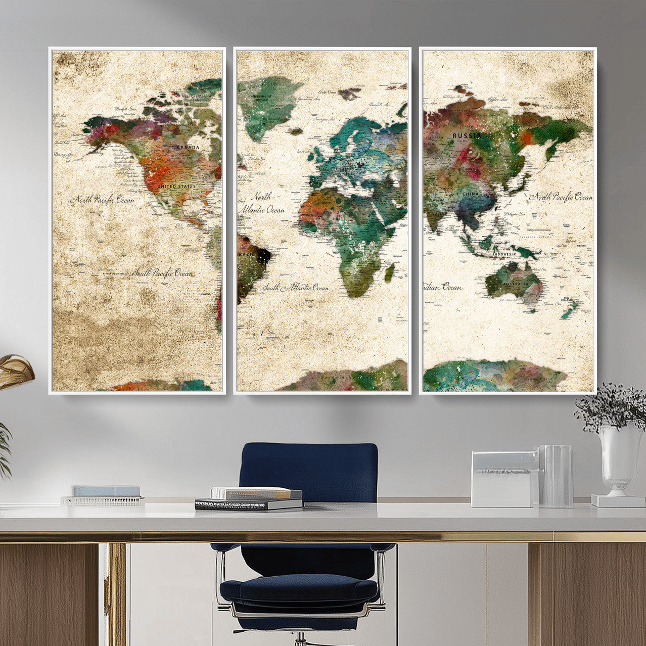 87544591-MGV-CV-36X24 - World Map Wall Art Canvas Print, Modern Decorative Framed Map Artwork Prints for Living Room, Office, Bedroom Wall Decor