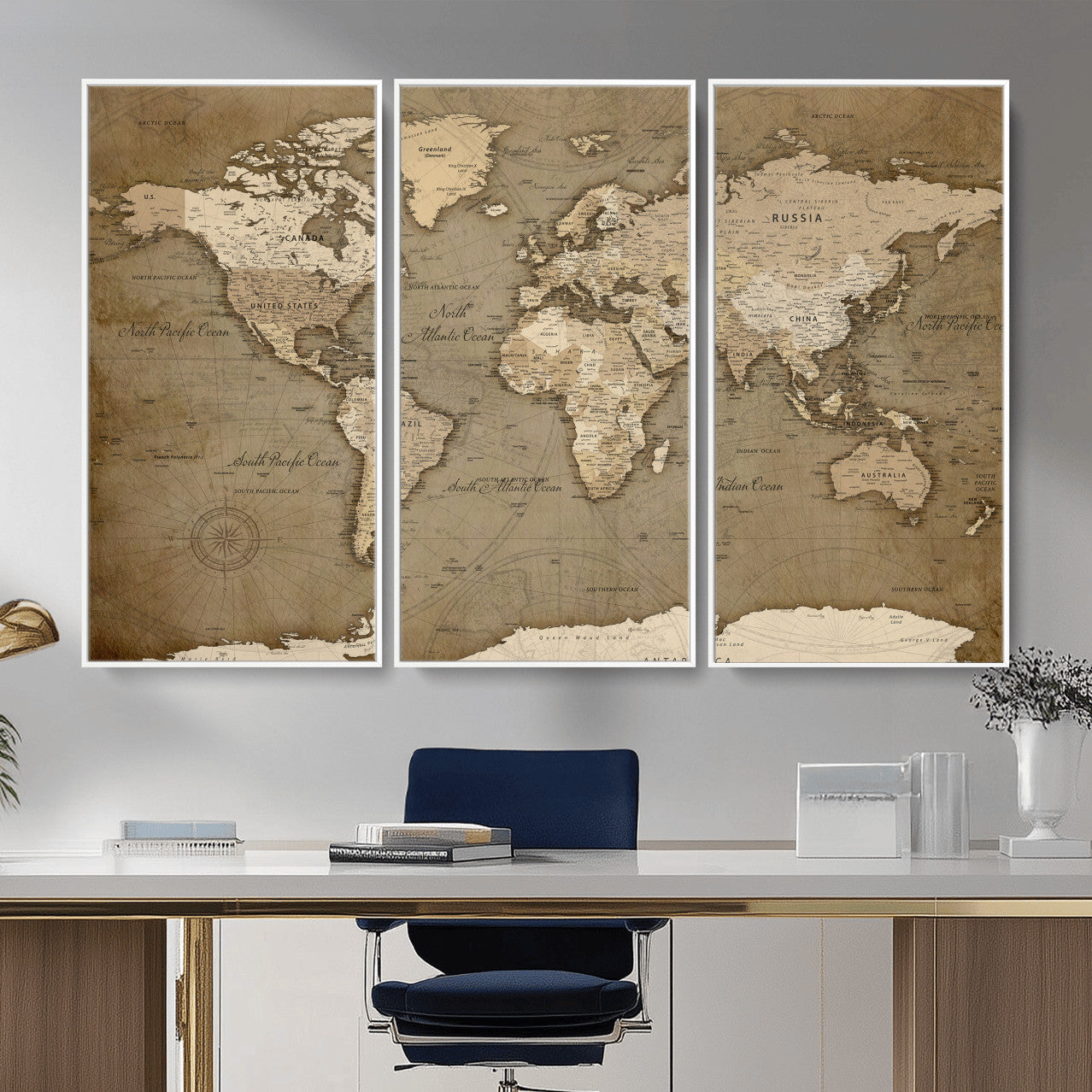 82314635-MGV-CV-36X24 - World Map Wall Art Canvas Print, Modern Decorative Framed Map Artwork Prints for Living Room, Office, Bedroom Wall Decor
