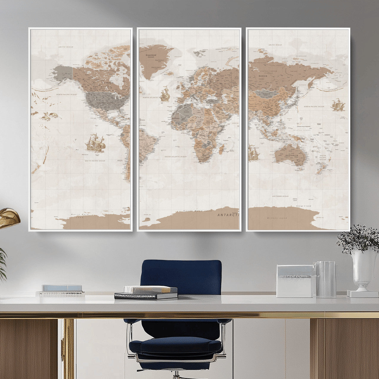 85057279-MGV-CV-36X24 - World Map Wall Art Canvas Print, Modern Decorative Framed Map Artwork Prints for Living Room, Office, Bedroom Wall Decor