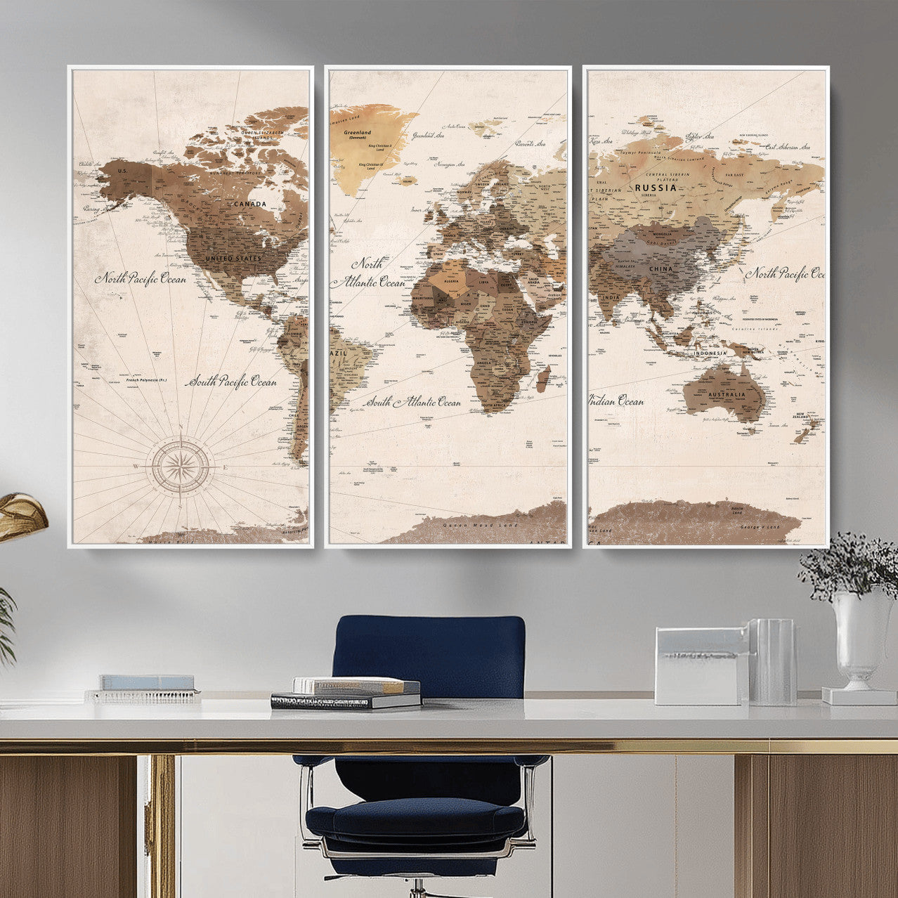 69860078-MGV-CV-36X24 - World Map Wall Art Canvas Print, Modern Decorative Framed Map Artwork Prints for Living Room, Office, Bedroom Wall Decor