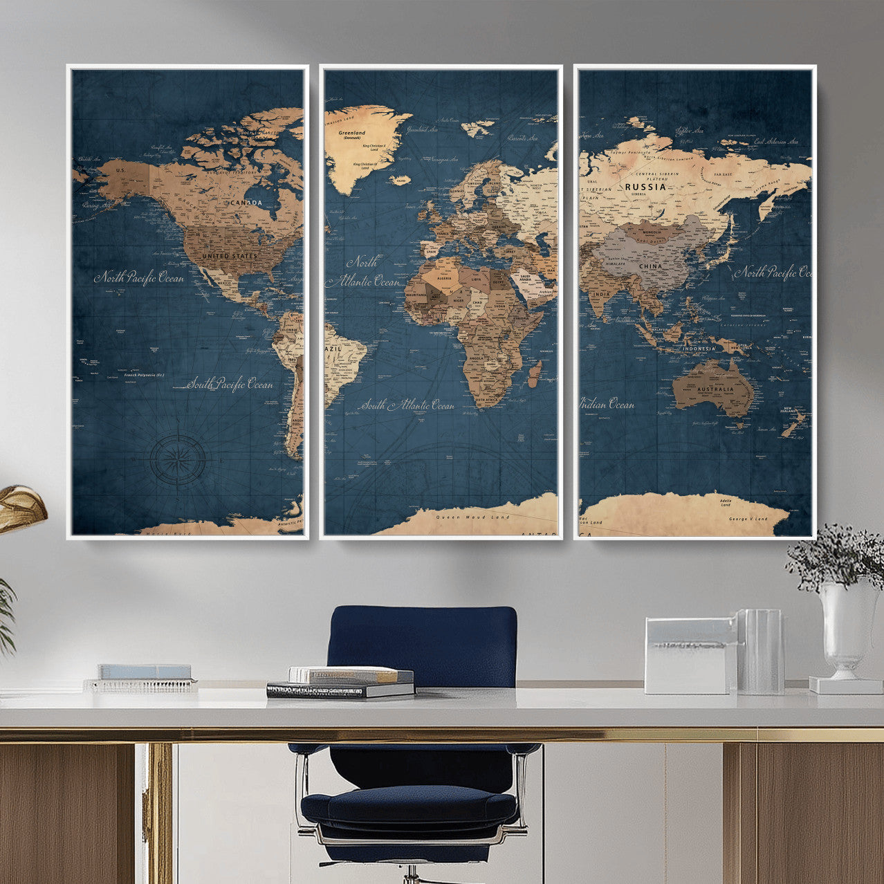 69886352-MGV-CV-36X24 - World Map Wall Art Canvas Print, Modern Decorative Framed Map Artwork Prints for Living Room, Office, Bedroom Wall Decor