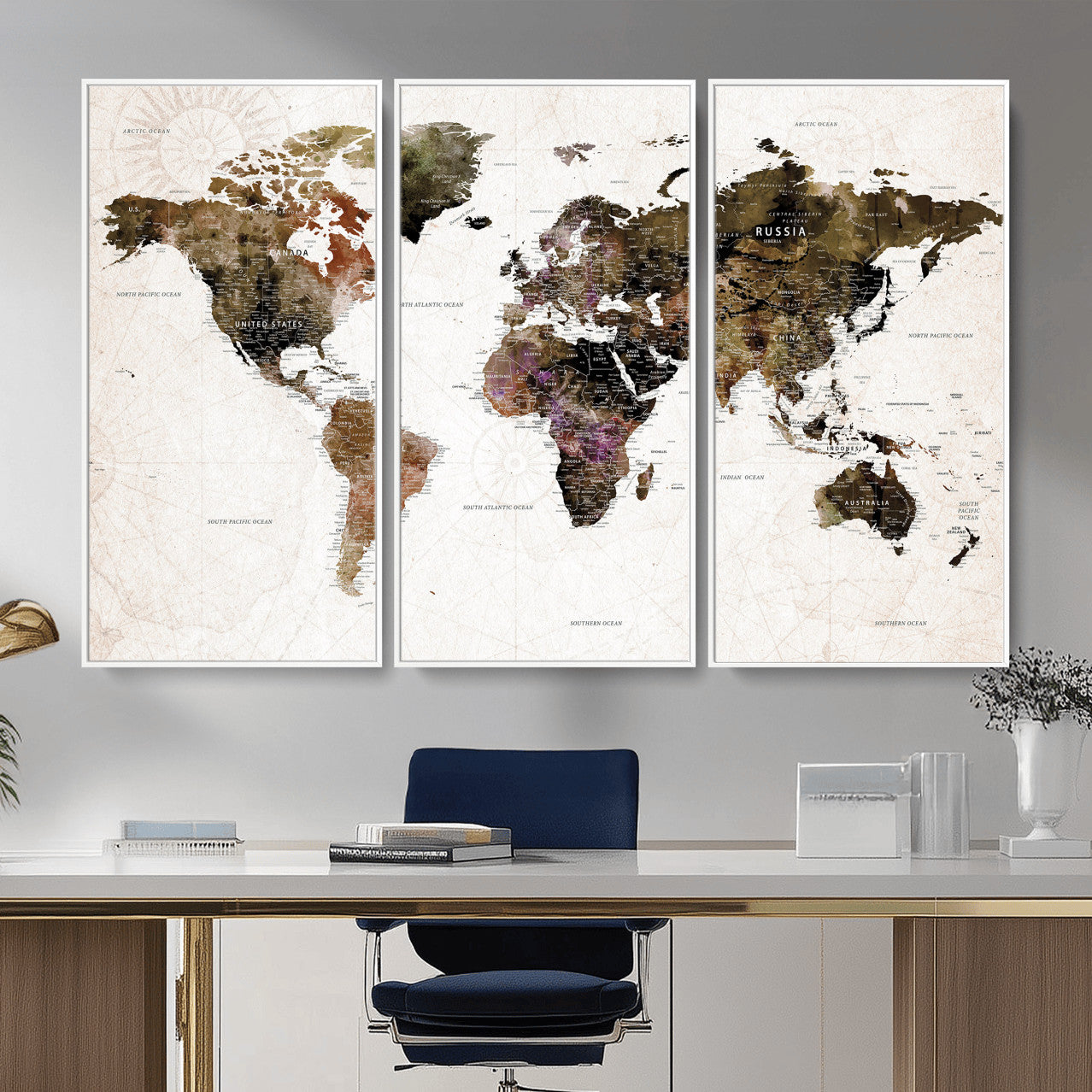77651968-MGV-CV-36X24 - World Map Wall Art Canvas Print, Modern Decorative Framed Map Artwork Prints for Living Room, Office, Bedroom Wall Decor