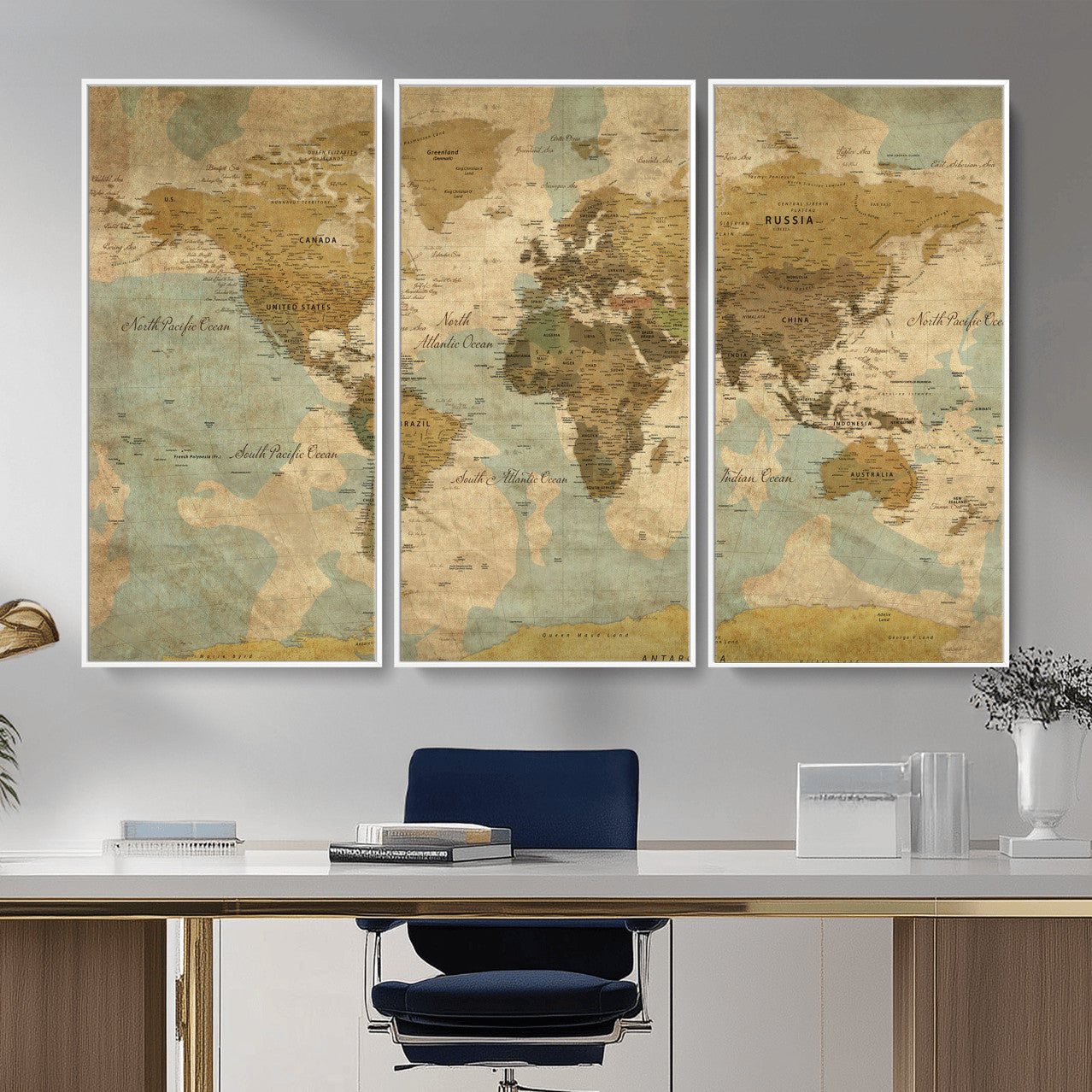 89356927-MGV-CV-36X24 - World Map Wall Art Canvas Print, Modern Decorative Framed Map Artwork Prints for Living Room, Office, Bedroom Wall Decor