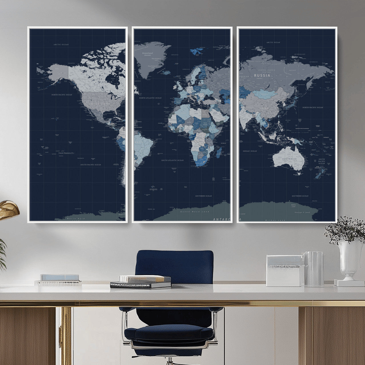 17712680-MGV-CV-36X24 - World Map Wall Art Canvas Print, Modern Decorative Framed Map Artwork Prints for Living Room, Office, Bedroom Wall Decor