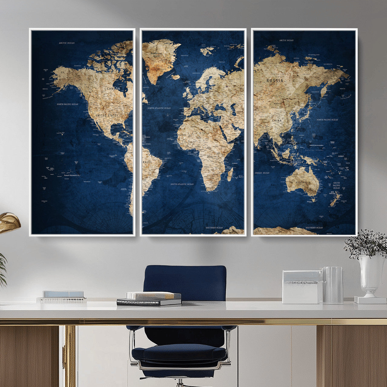 57503519-MGV-CV-36X24 - World Map Wall Art Canvas Print, Modern Decorative Framed Map Artwork Prints for Living Room, Office, Bedroom Wall Decor