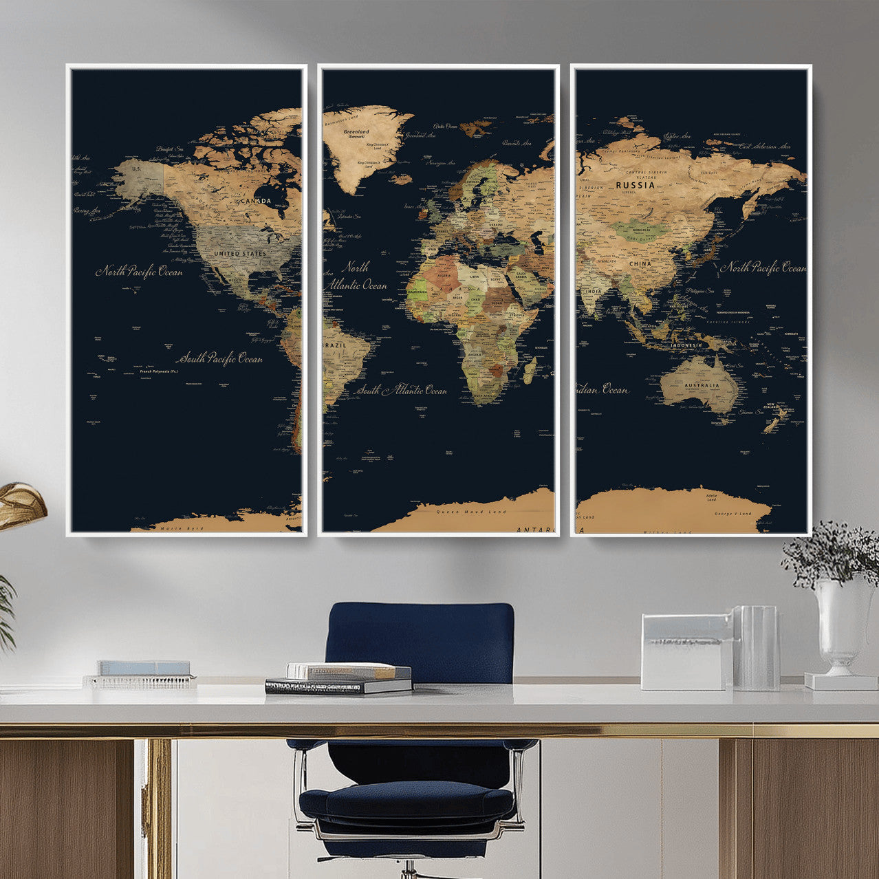 94449133-MGV-CV-36X24 - World Map Wall Art Canvas Print, Modern Decorative Framed Map Artwork Prints for Living Room, Office, Bedroom Wall Decor