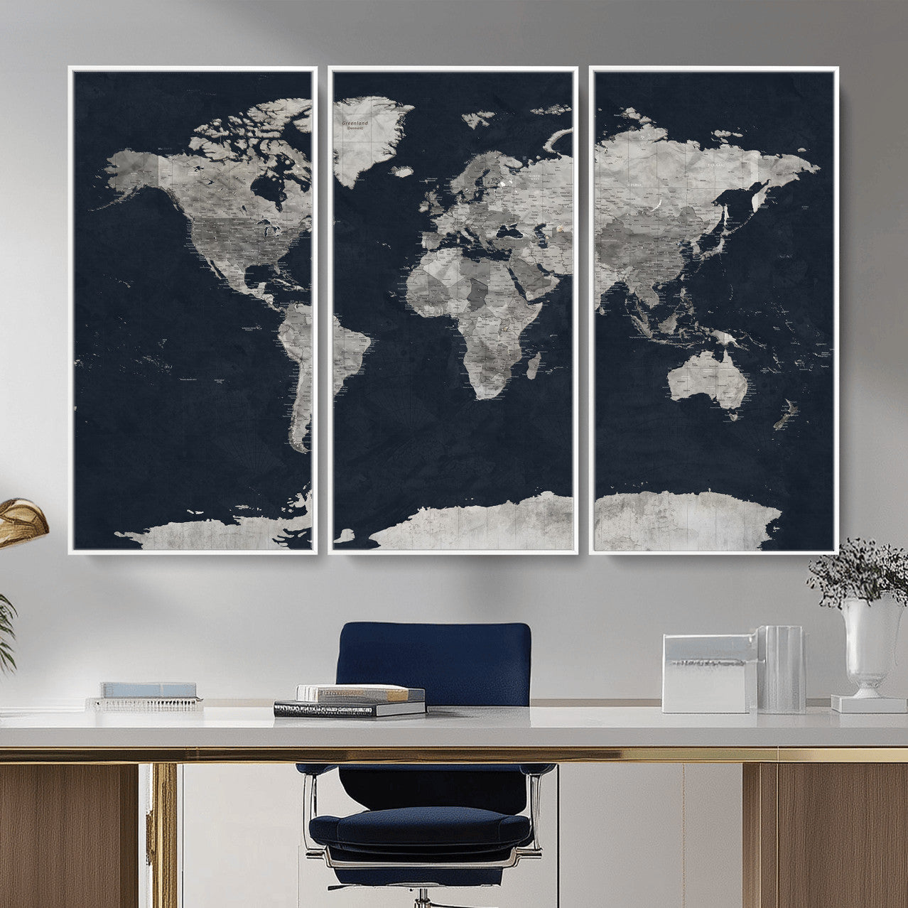 53886659-MGV-CV-36X24 - World Map Wall Art Canvas Print, Modern Decorative Framed Map Artwork Prints for Living Room, Office, Bedroom Wall Decor