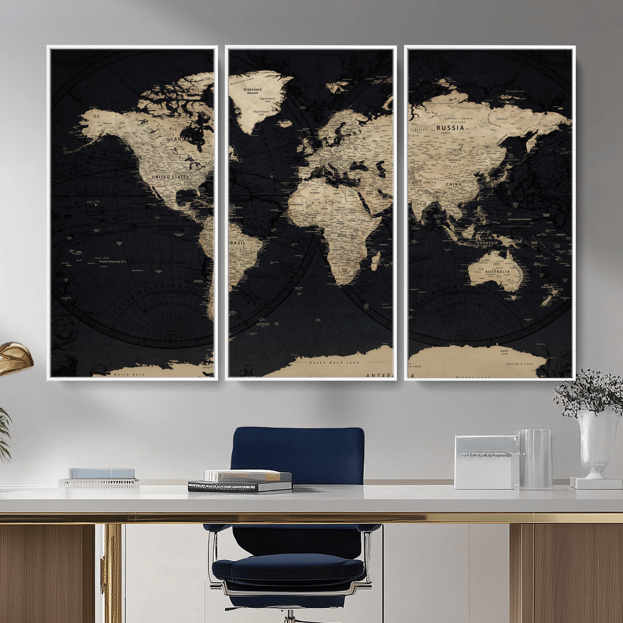 61835687-MGV-CV-36X24 - World Map Wall Art Canvas Print, Modern Decorative Framed Map Artwork Prints for Living Room, Office, Bedroom Wall Decor