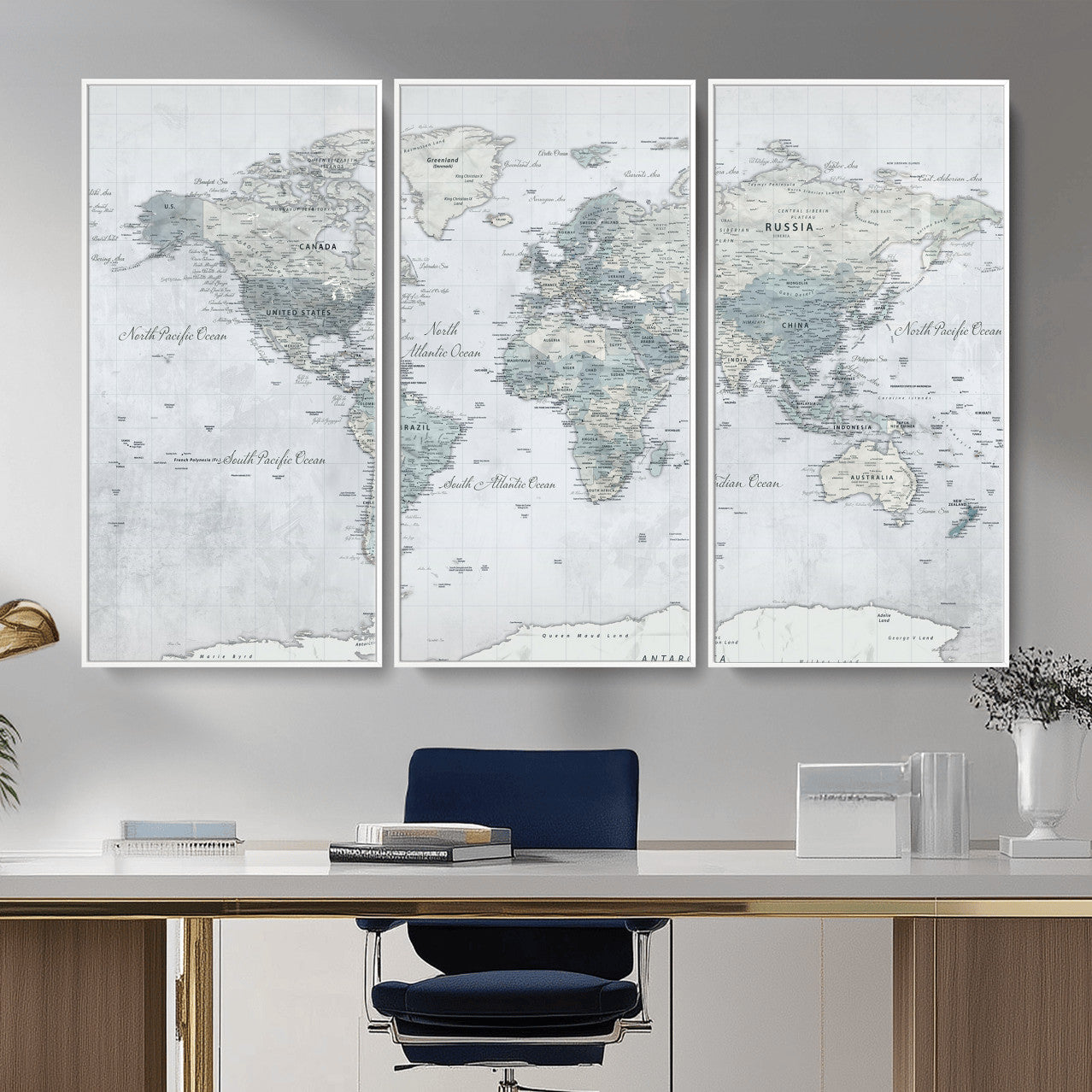 71091917-MGV-CV-36X24 - World Map Wall Art Canvas Print, Modern Decorative Framed Map Artwork Prints for Living Room, Office, Bedroom Wall Decor