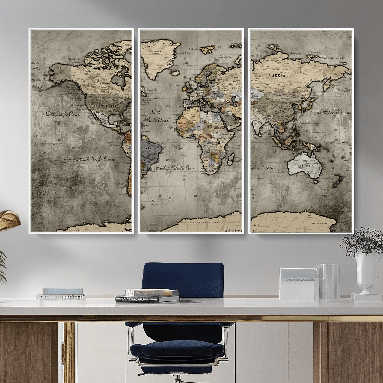 85218700-MGV-CV-36X24 - World Map Wall Art Canvas Print, Modern Decorative Framed Map Artwork Prints for Living Room, Office, Bedroom Wall Decor
