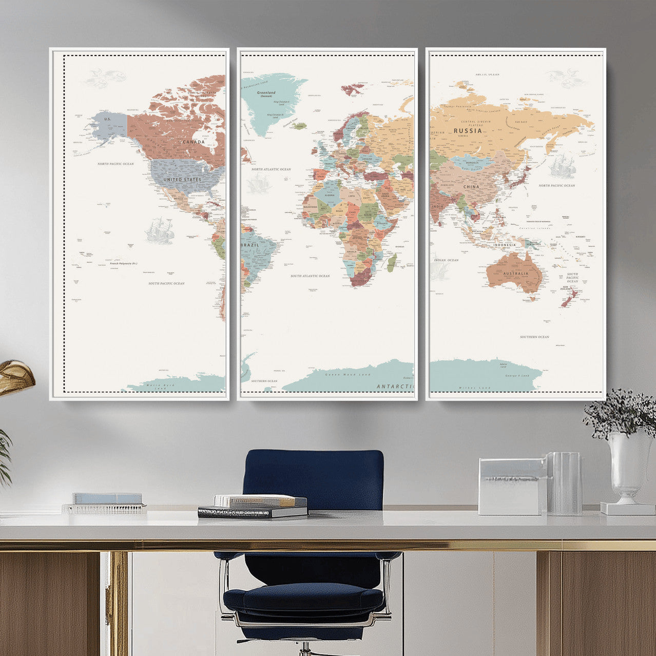 63447567-MGV-CV-36X24 - World Map Wall Art Canvas Print, Modern Decorative Framed Map Artwork Prints for Living Room, Office, Bedroom Wall Decor